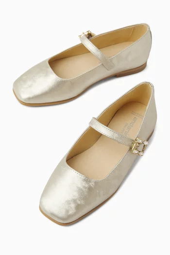 حذاء باليرينا مزين بأحجار الراين وكعب مسطح جلد