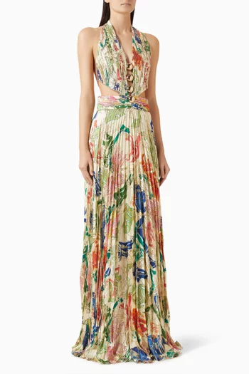Pleated Floral Print Gown