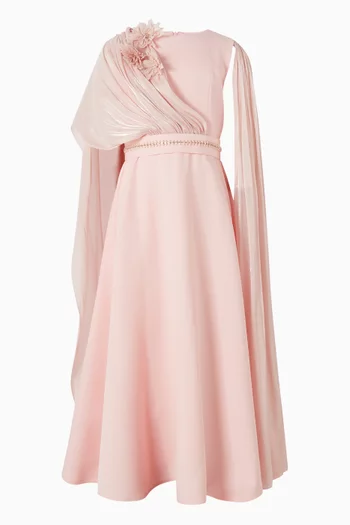 Pleated Floral Cape Dress