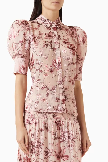 Willa Scrunched Puff-sleeve Top in Silk-satin