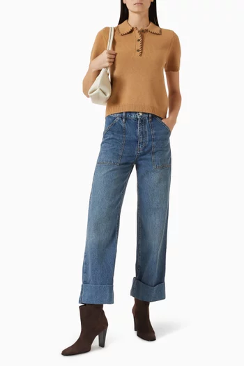 تي شيرت بولو بحياكة جلدية مزيج صوف