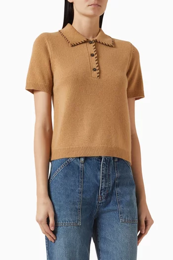 تي شيرت بولو بحياكة جلدية مزيج صوف