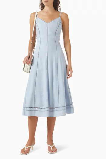 فستان متوسط الطول ومطرز مزيج كتان