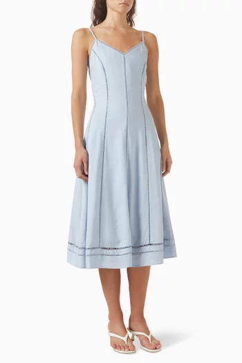 فستان متوسط الطول ومطرز مزيج كتان