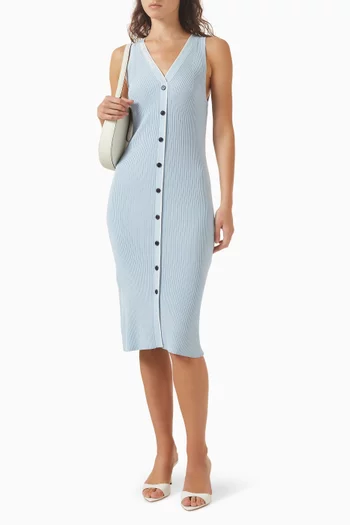 فستان متوسط الطول ومطرز بشعار الماركة قماش منسوج