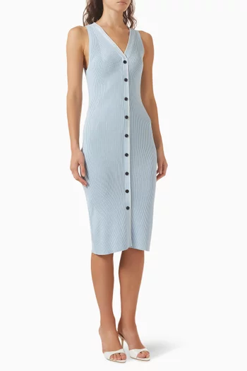 فستان متوسط الطول ومطرز بشعار الماركة قماش منسوج