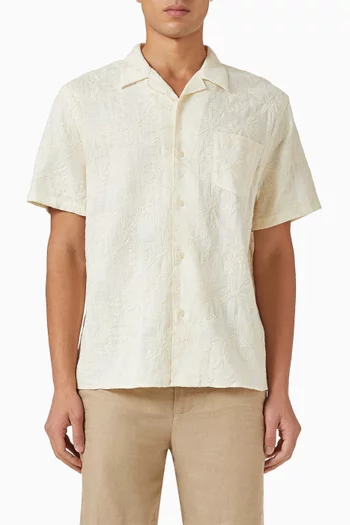 Embroidered Floral Cabana Shirt in Linen-blend