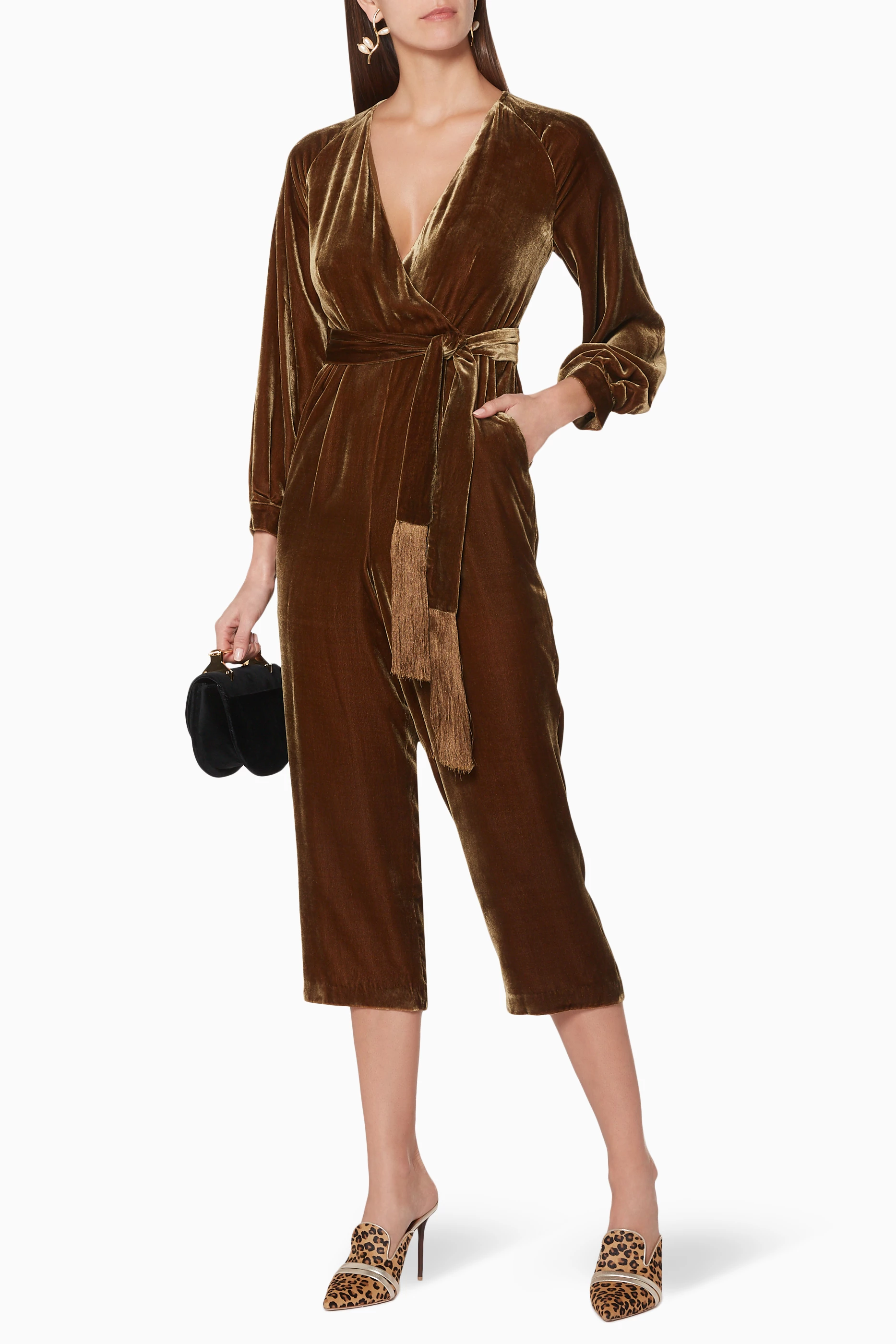 Buy WHISTLES Gold Gold Velvet Thea Jumpsuit for Women in Oman Ounass