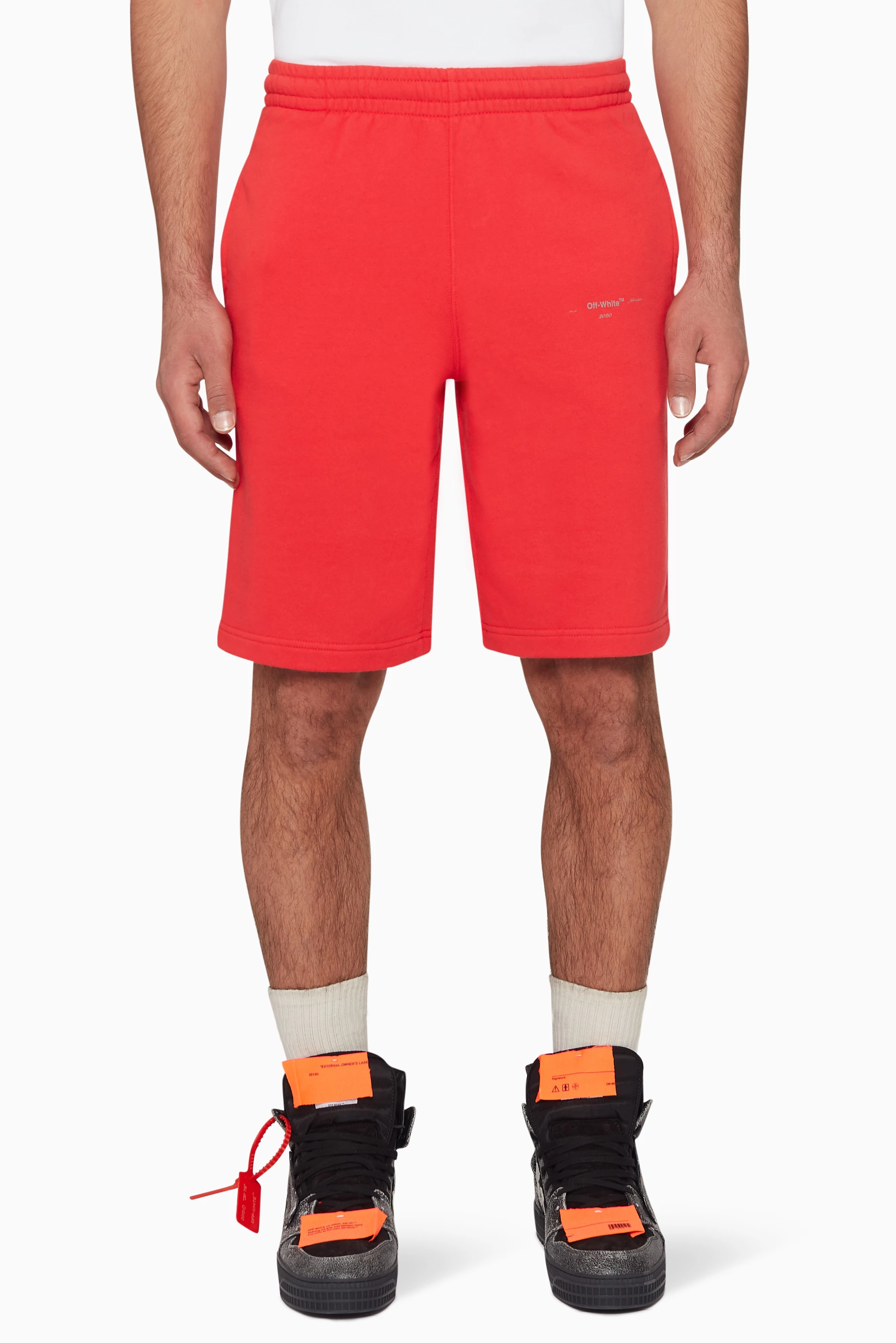 Buy Off White Red Unfinished Sweat Shorts for Men in Oman Ounass