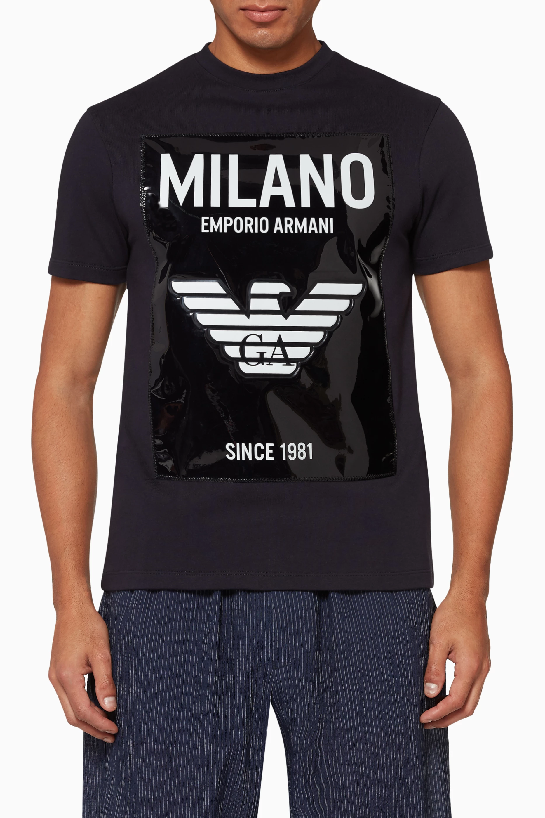 Shop Emporio Armani Blue Macro Milano Print T-Shirt for MEN | Ounass Oman