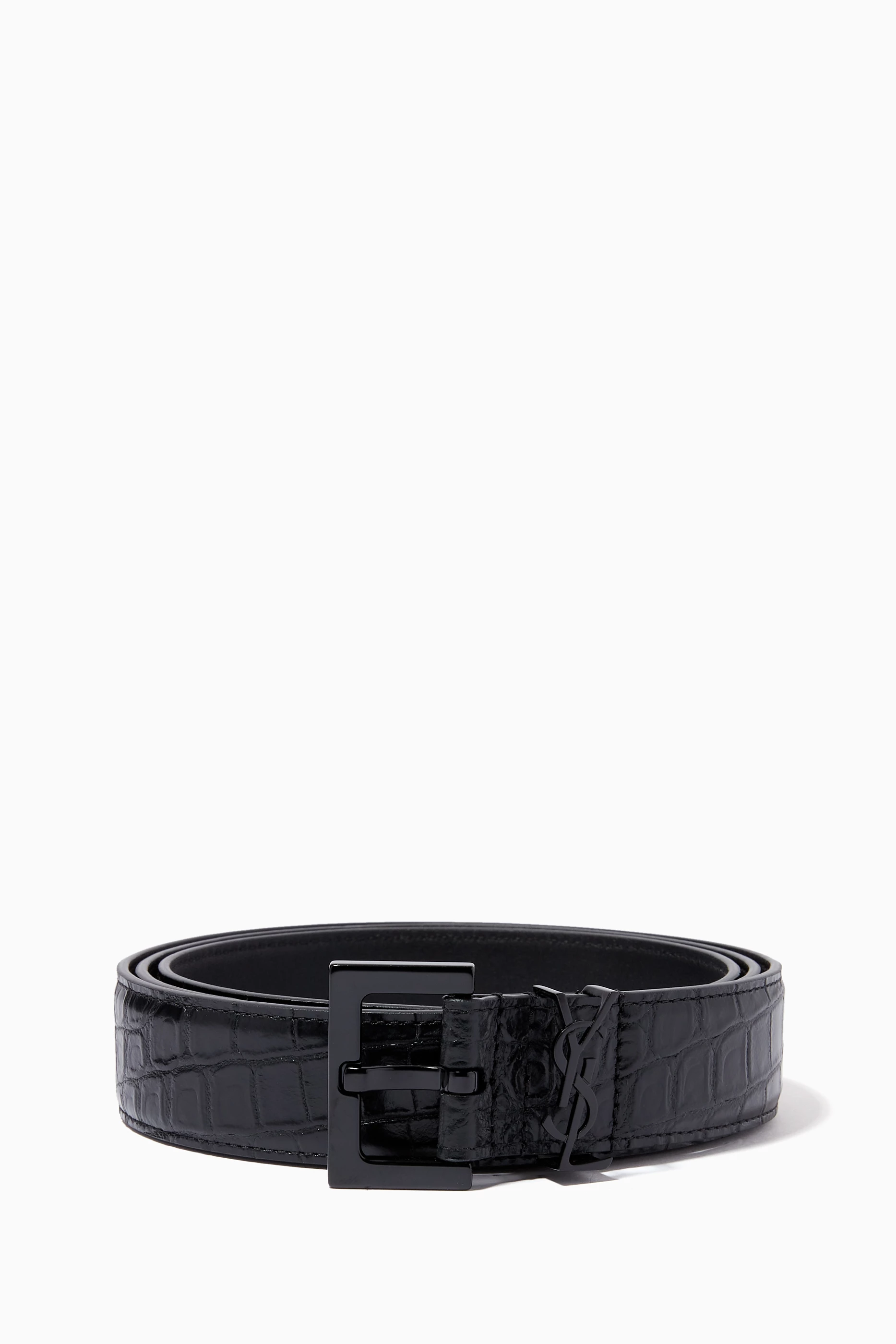 Saint Laurent Black Crocodile-embossed Matte Leather Square Buckle Monogram  Belt