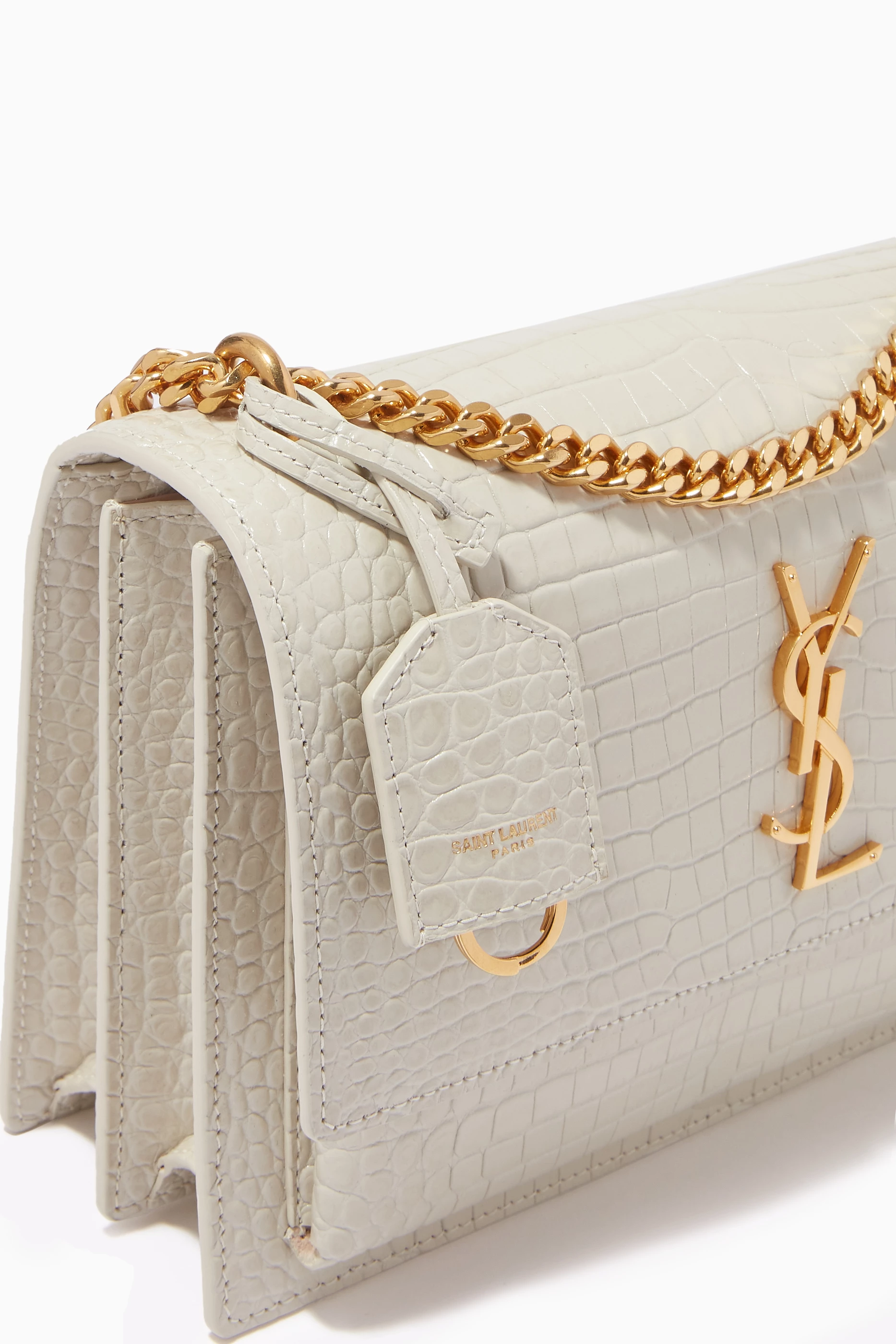 Sunset Medium Chain Bag In Crocodile-Embossed Shiny Leather Blanc Vintage