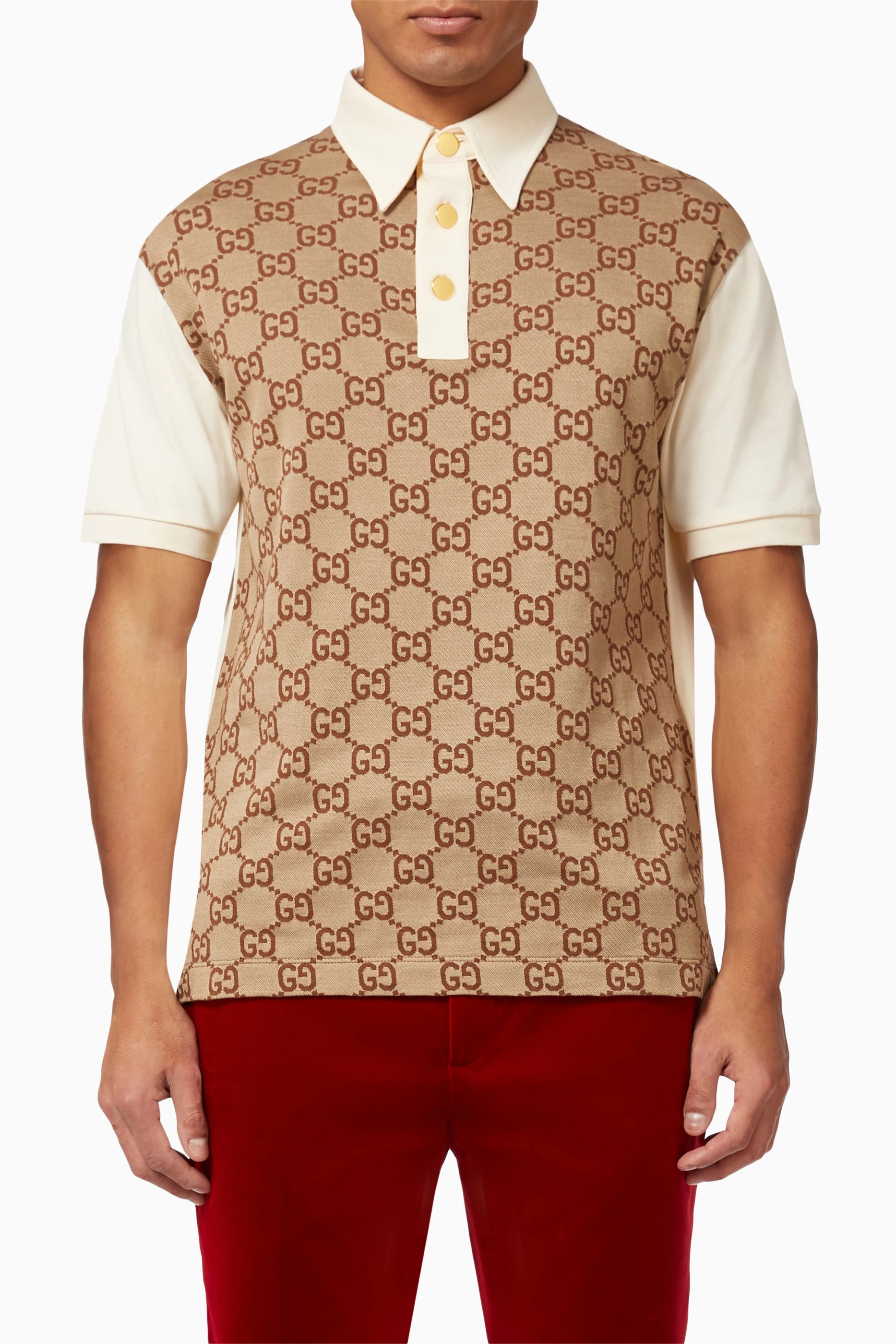 Shop Gucci Neutral Polo Shirt in GG Jacquard Jersey for MEN | Ounass Oman