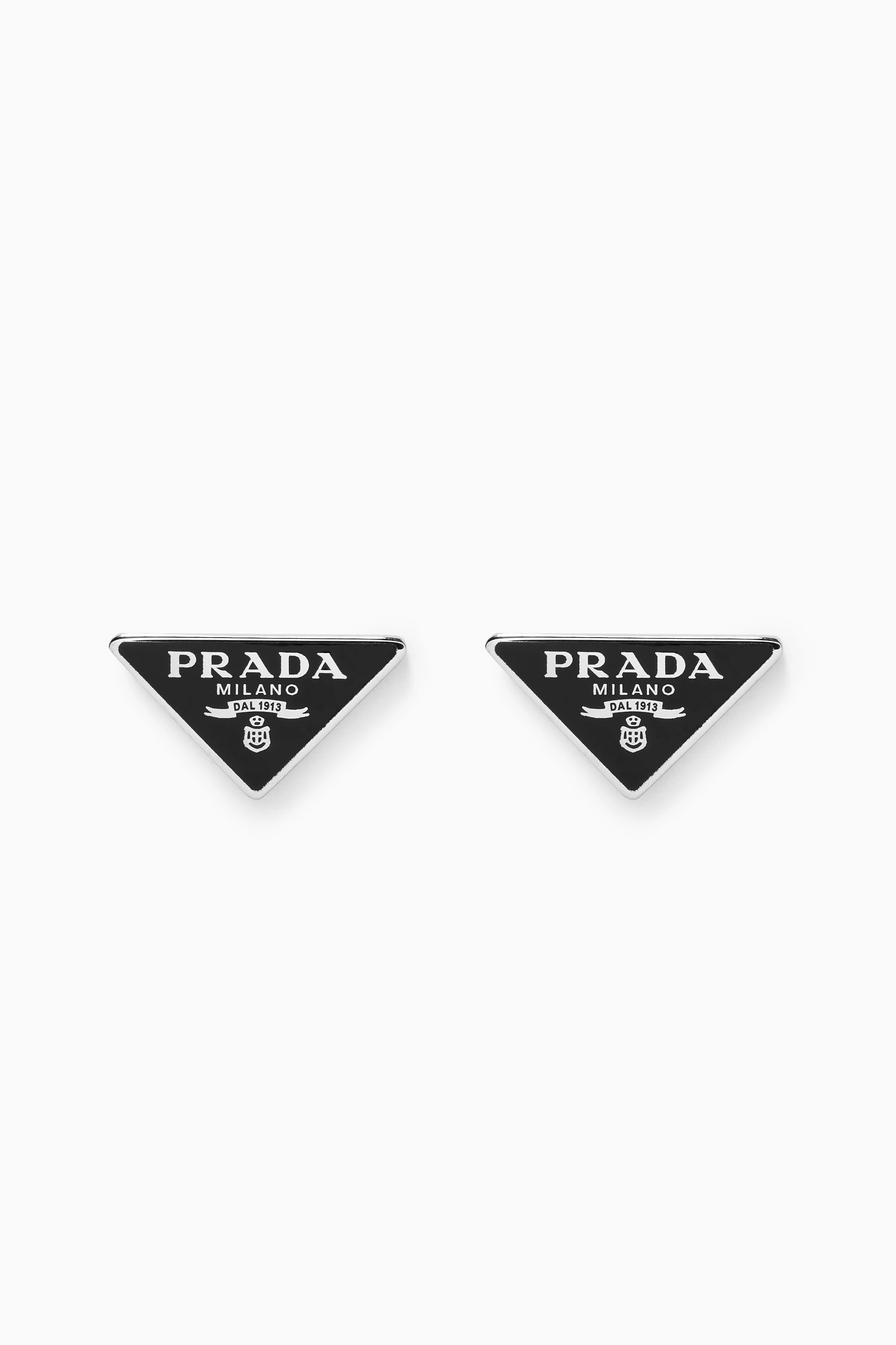 Shop Prada Black Triangle Logo Enamel Stud Earrings in Sterling Silver for  WOMEN | Ounass Oman