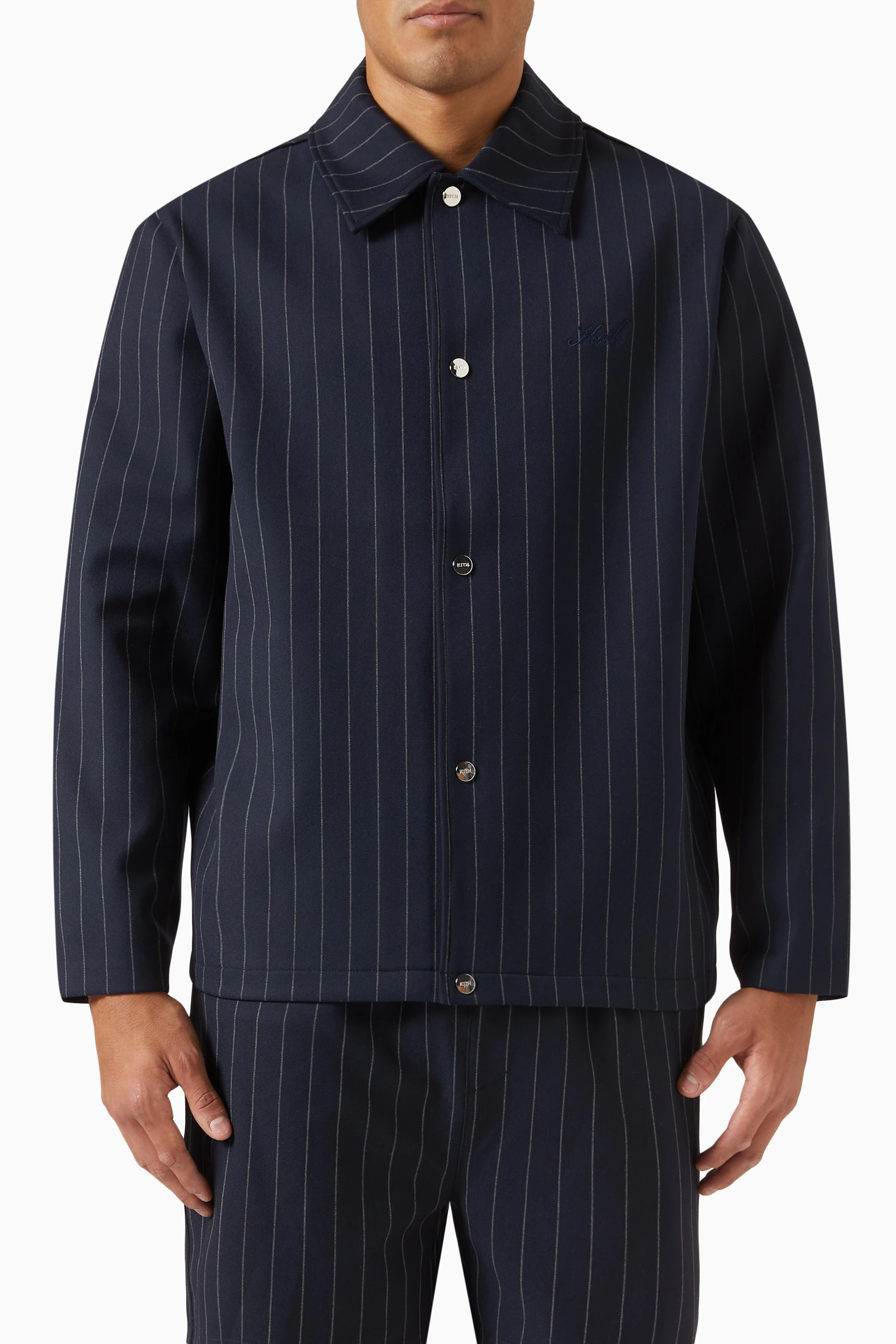Buy Kith Blue Pinstripe Coaches Jacket in Double Knit for
