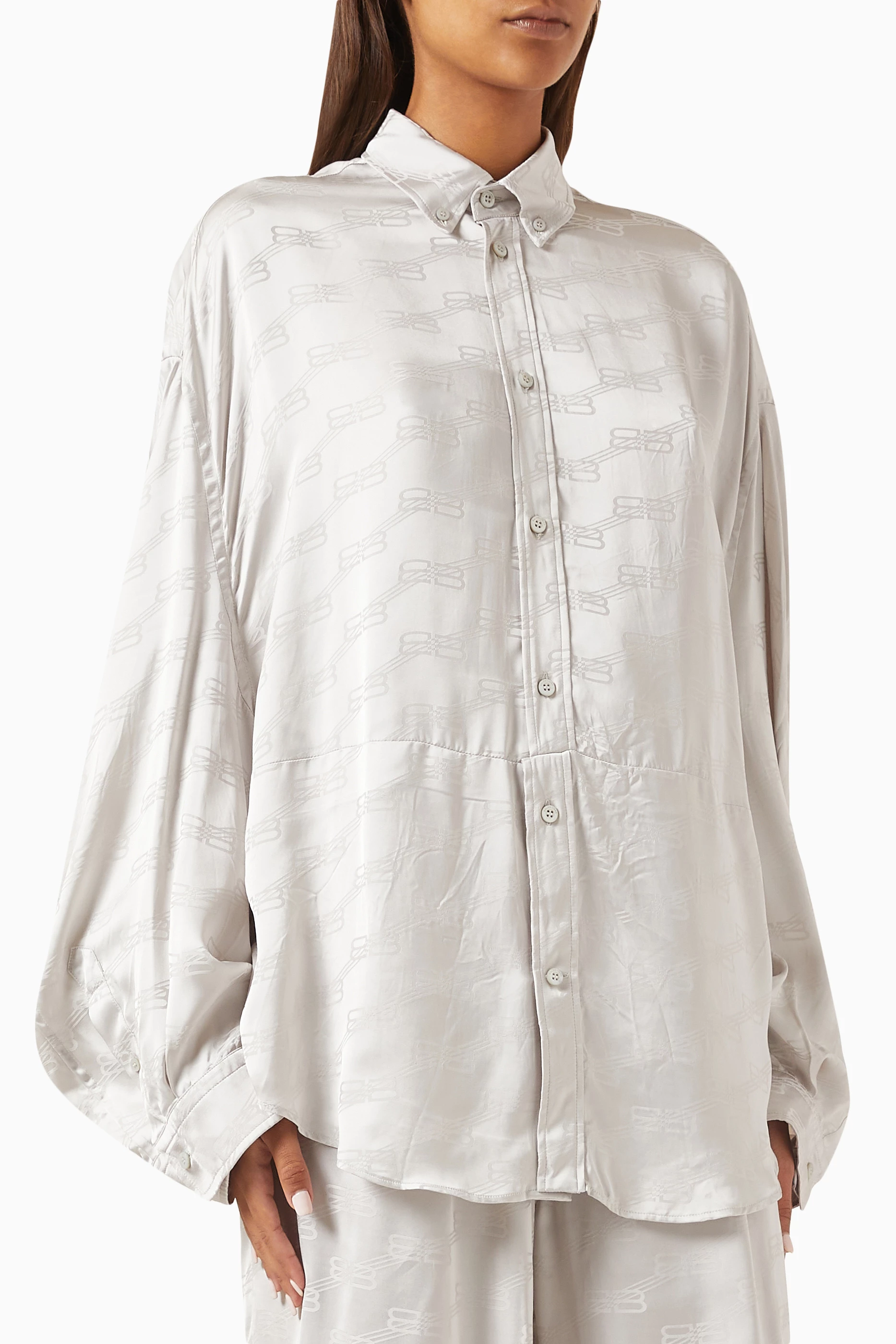 Balenciaga | Women Bb Monogram Jacquard Viscose Shirt Light Grey 3