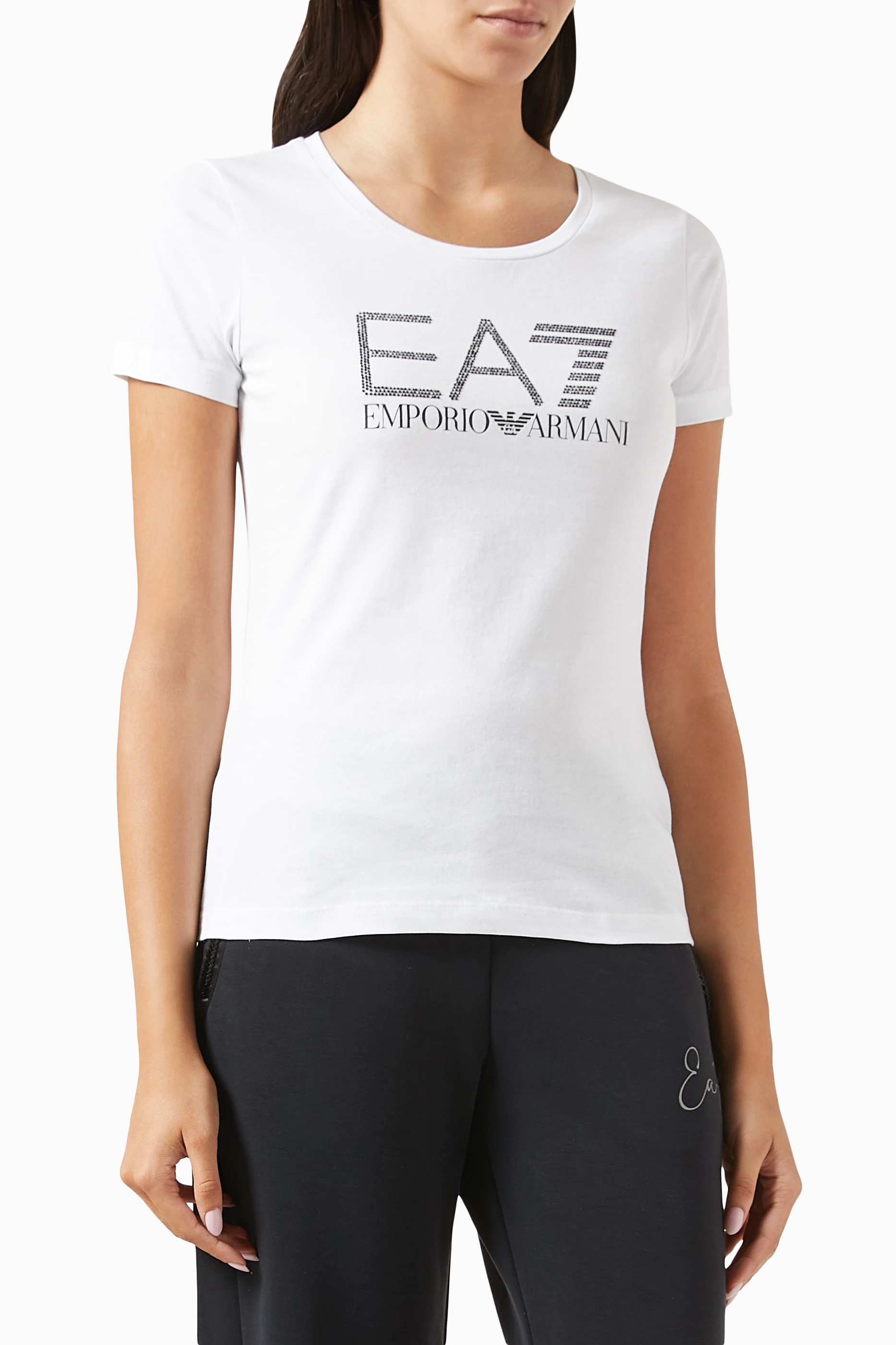 Buy Emporio Armani White Logo Embellished T shirt in Cotton jersey