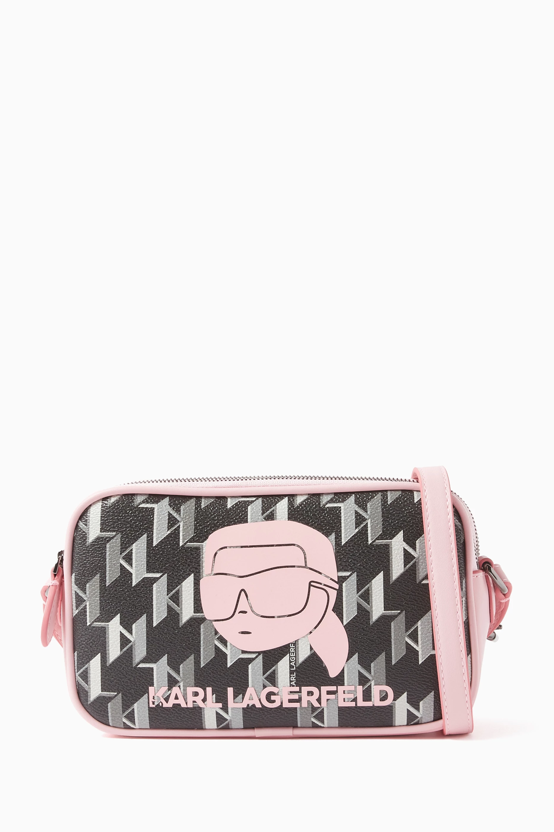 Karl Lagerfeld, K/ikonik Monogram Small Camera Bag, Woman, Black/White, Size: One Size