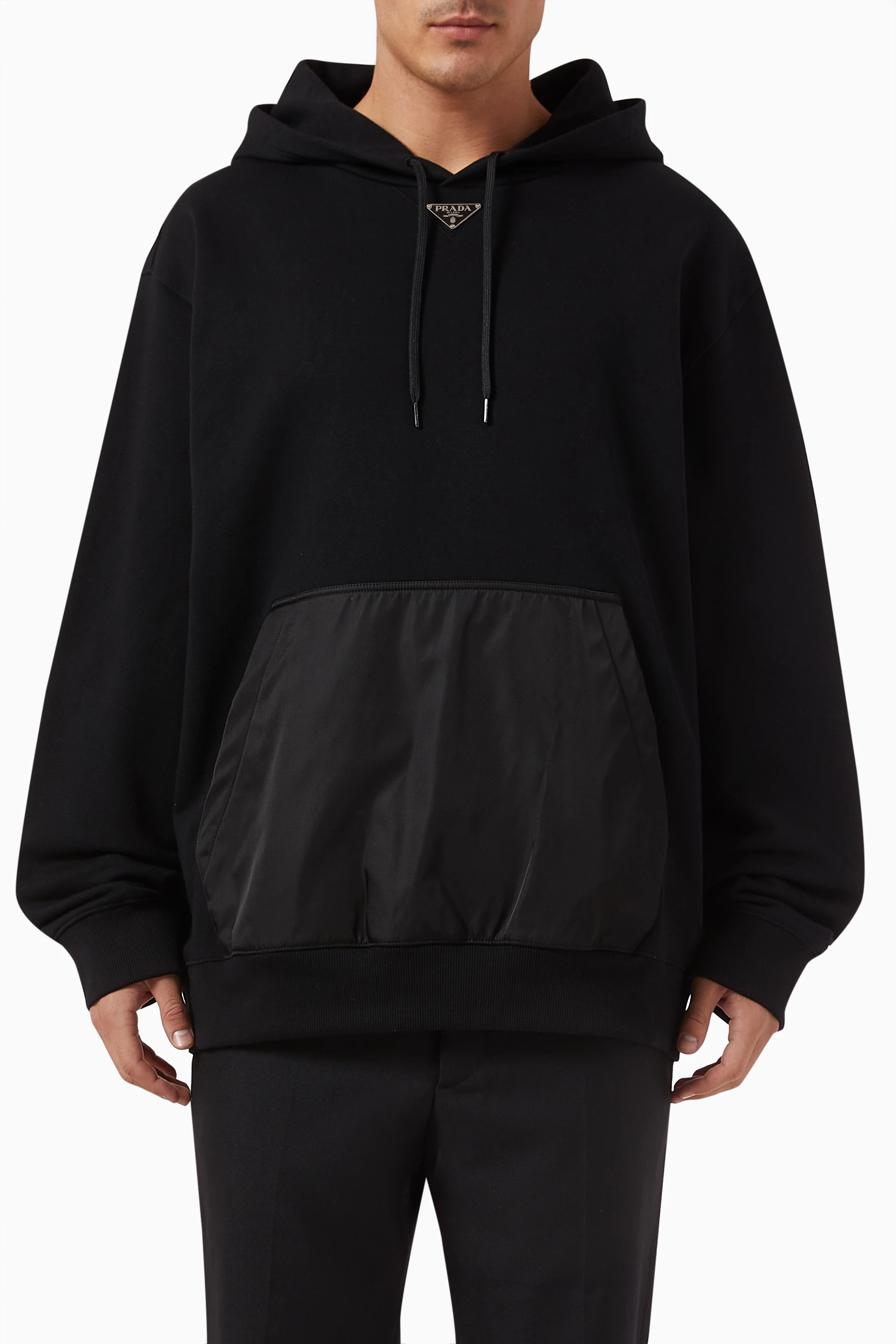 Buy Prada Black Logo Hoodie in Technical Cotton for Men in Oman