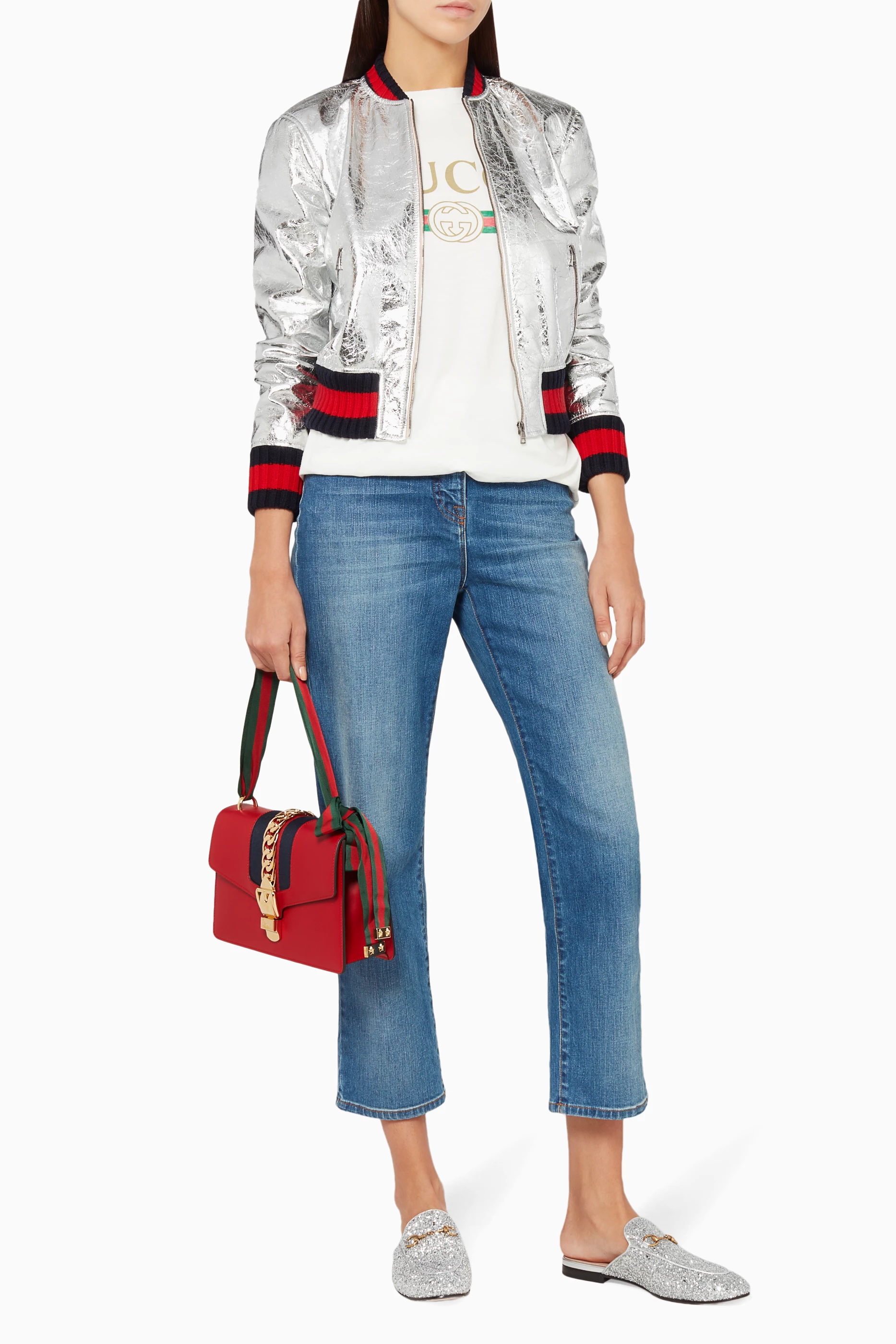 Gucci silver bomber jacket sales