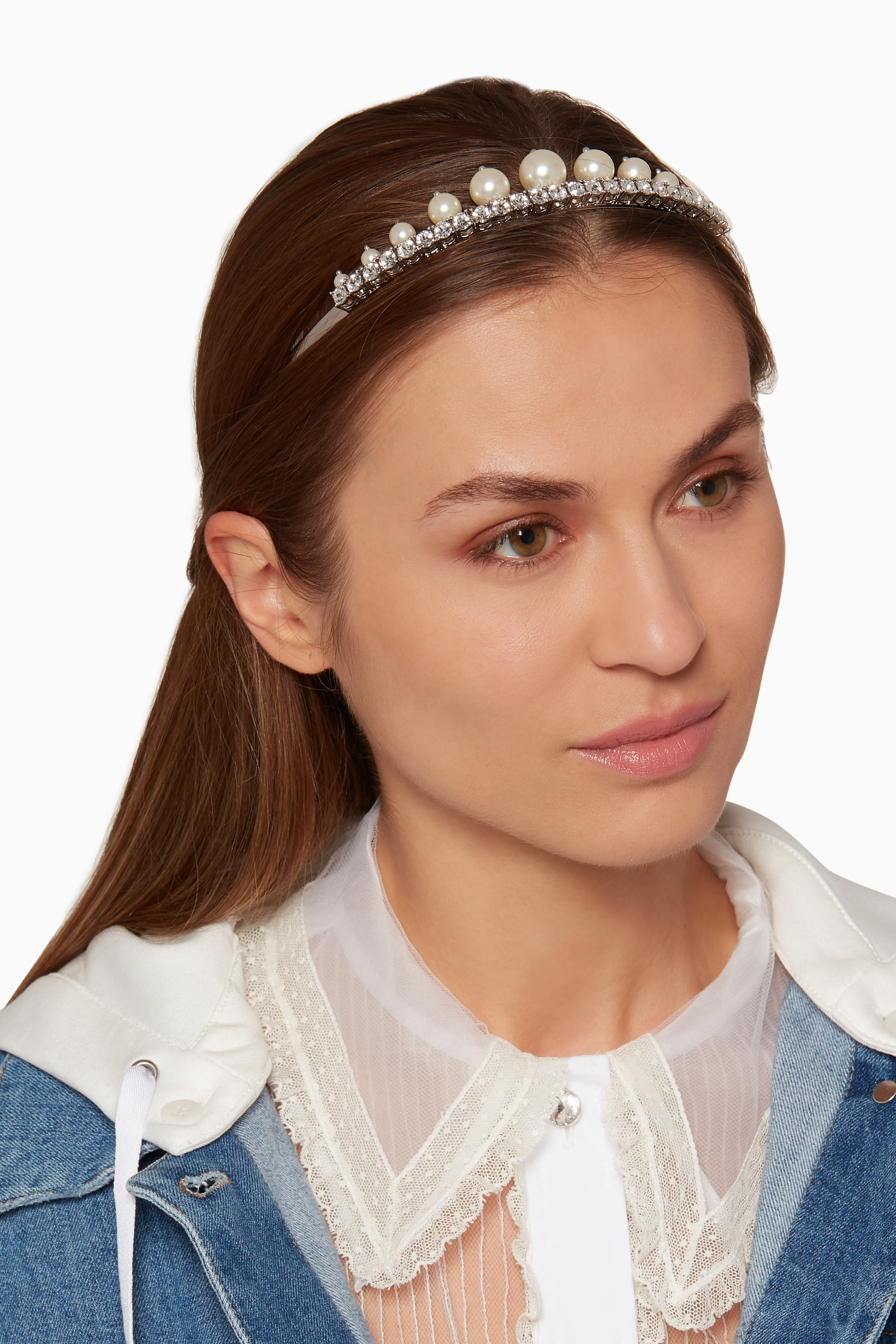Buy Miu Miu Silver Silver Pearl & Crystal Tiara For Women  display picture 3
