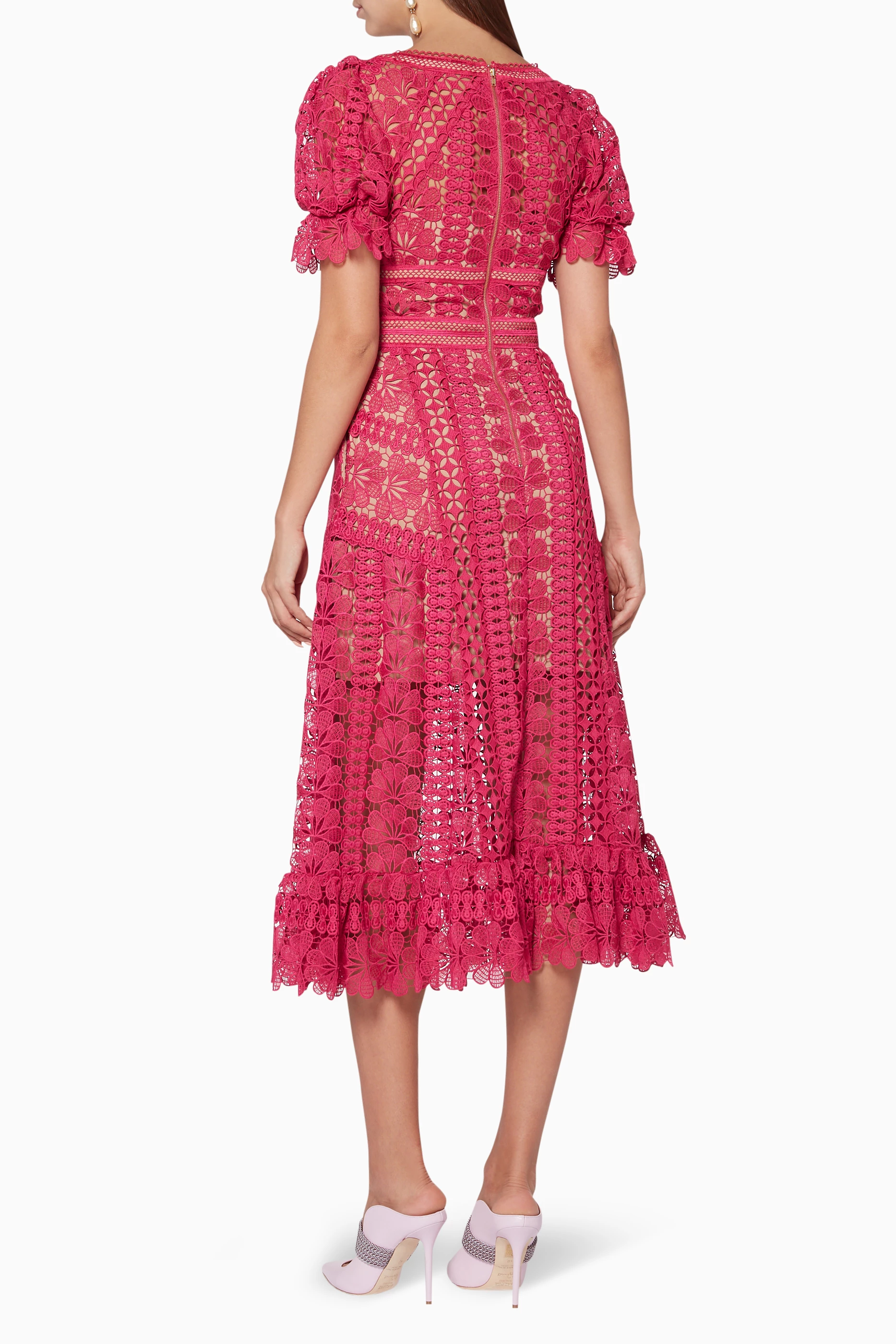 Buy Self-Portrait Pink Fuchsia Lace Midi Dress For Women Online | Ounass  Oman