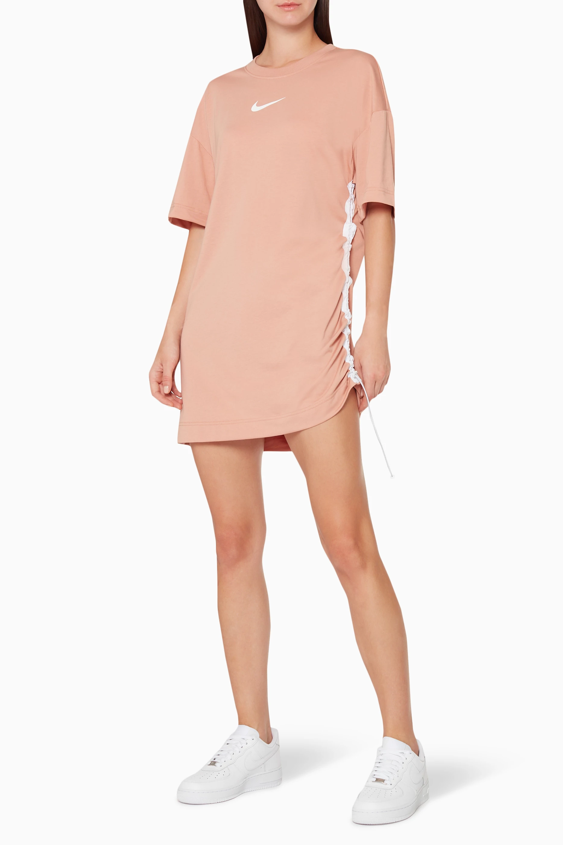pink nike t shirt dress Nike Sportswear Retro 90s Washed T-Shirt Dress Pink Oversized Cotton Crew