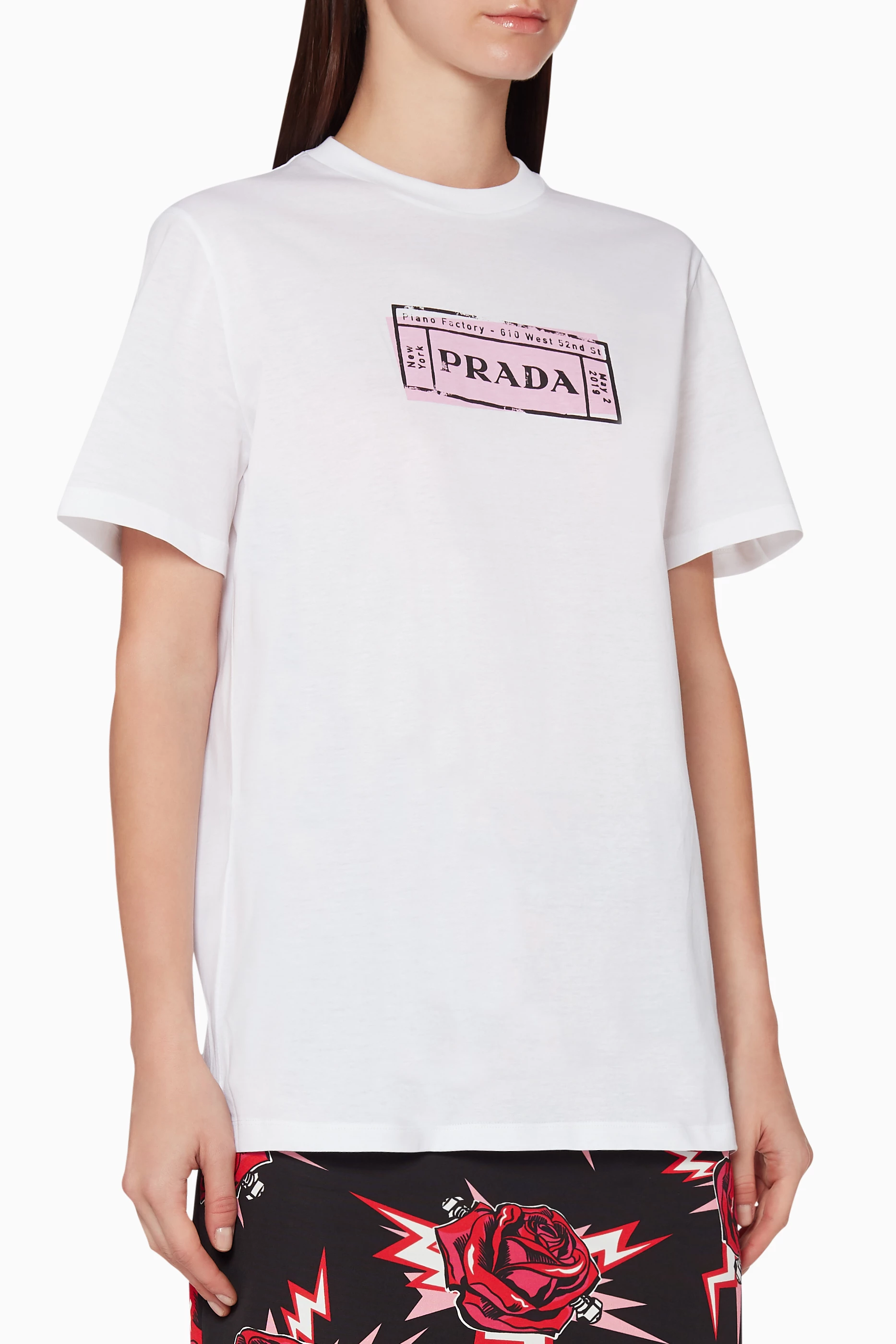 Buy Prada White Logo Print Cotton T-Shirt For Women Online