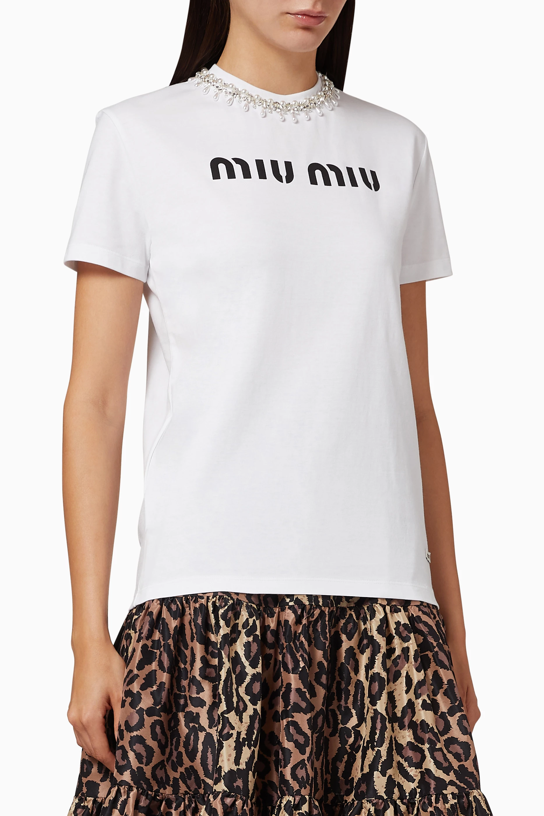Buy Miu Miu White Logo Embellished Cotton T-Shirt For Women Online