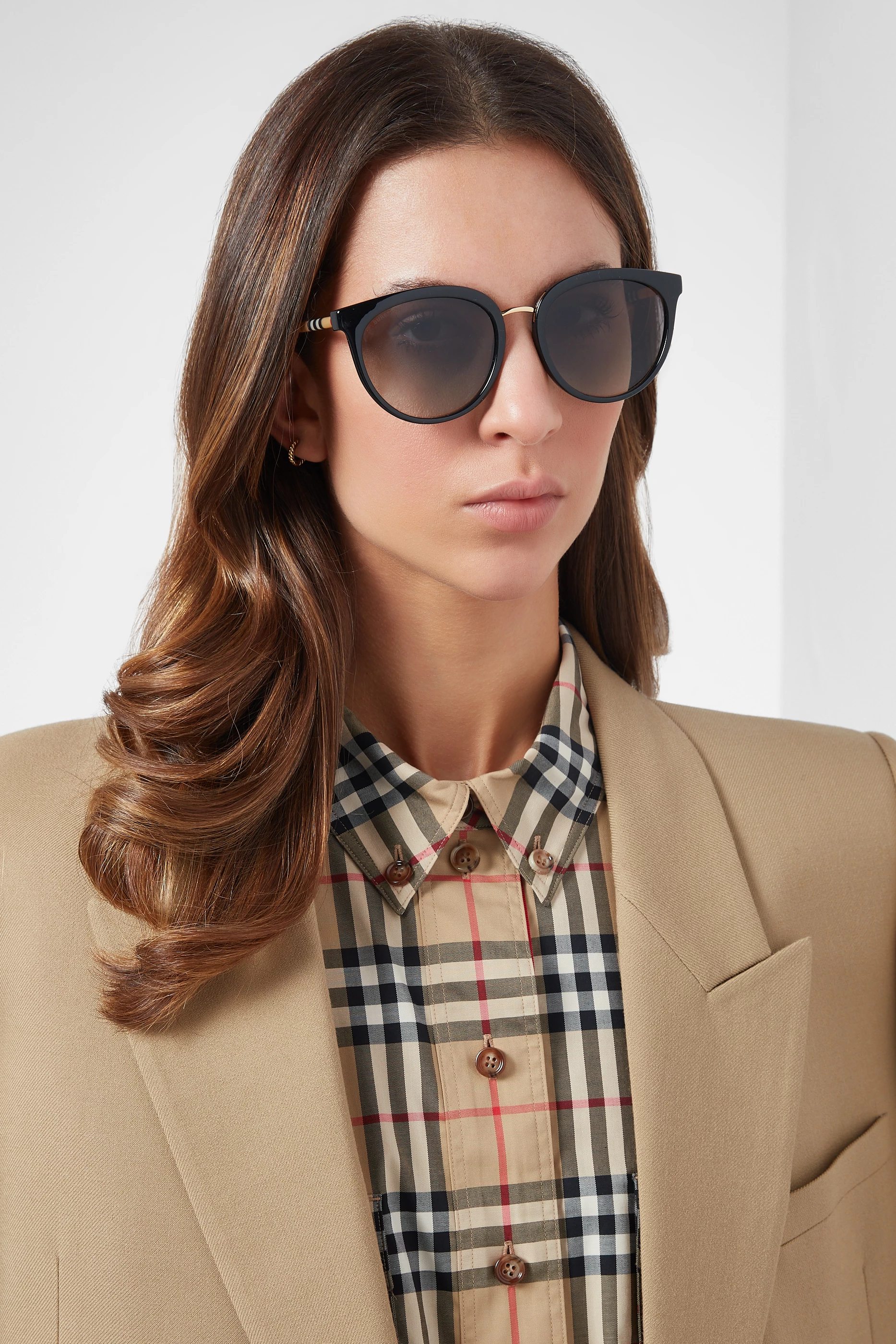Buy Burberry Black Icon Stripe Cat-Eye Frame Sunglasses For Women