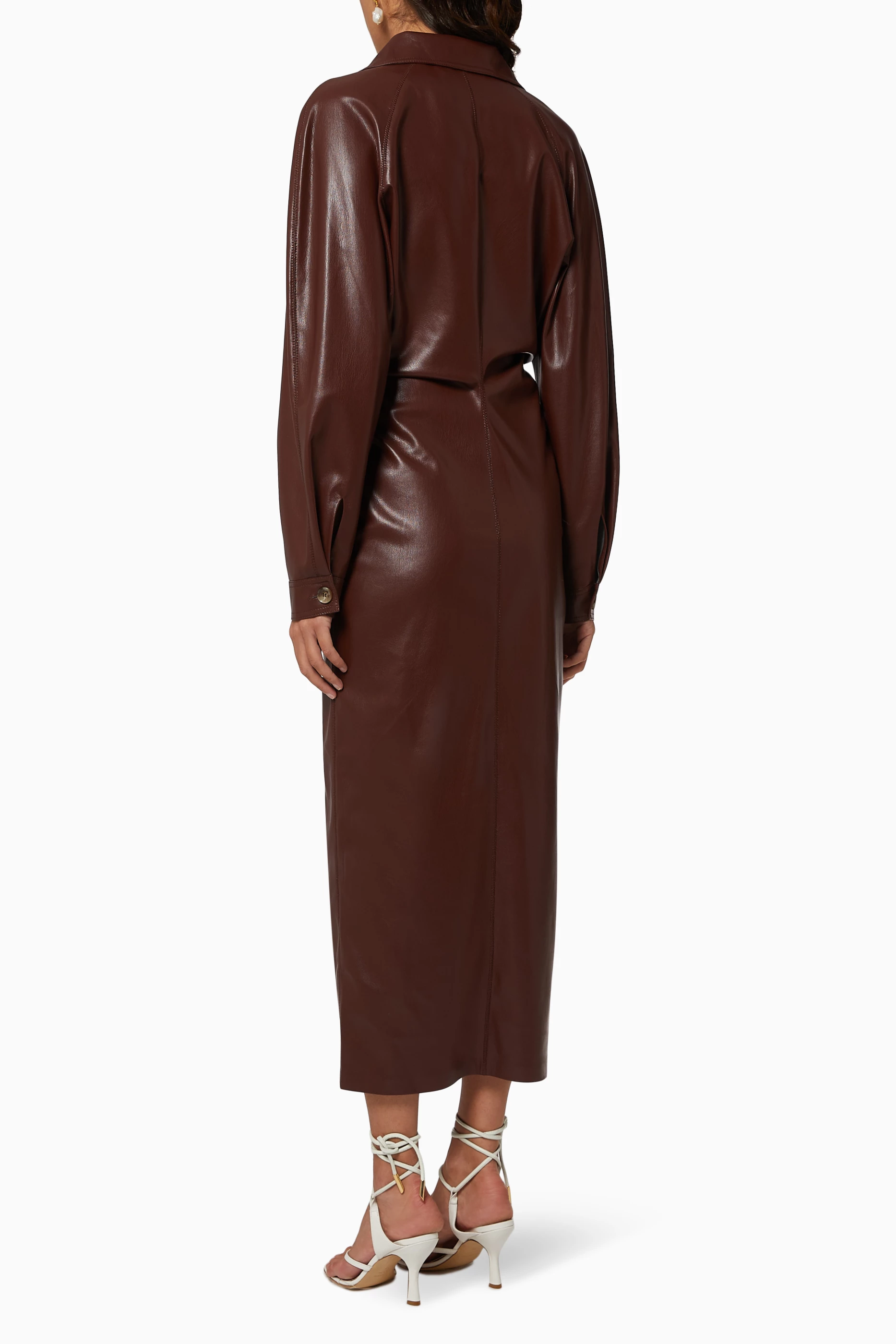 knee length dresses for ladies Nanushka // Black Faux Leather Wrap Dress  VSP Consignment