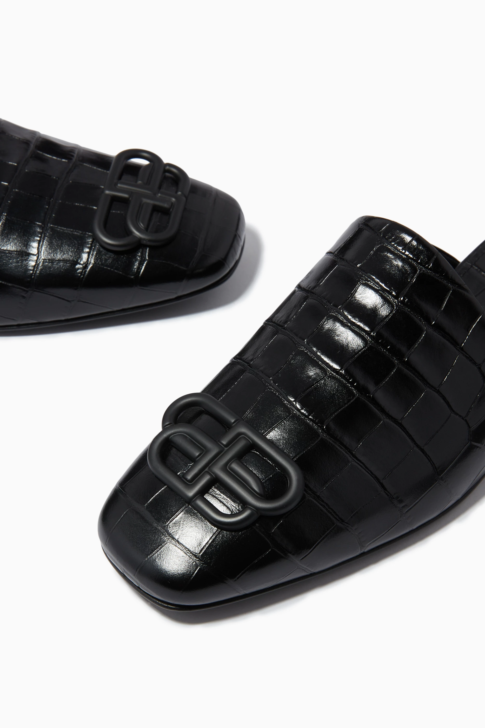Buy Balenciaga Black Cosy BB Mules in Croc-Embossed Leather For 