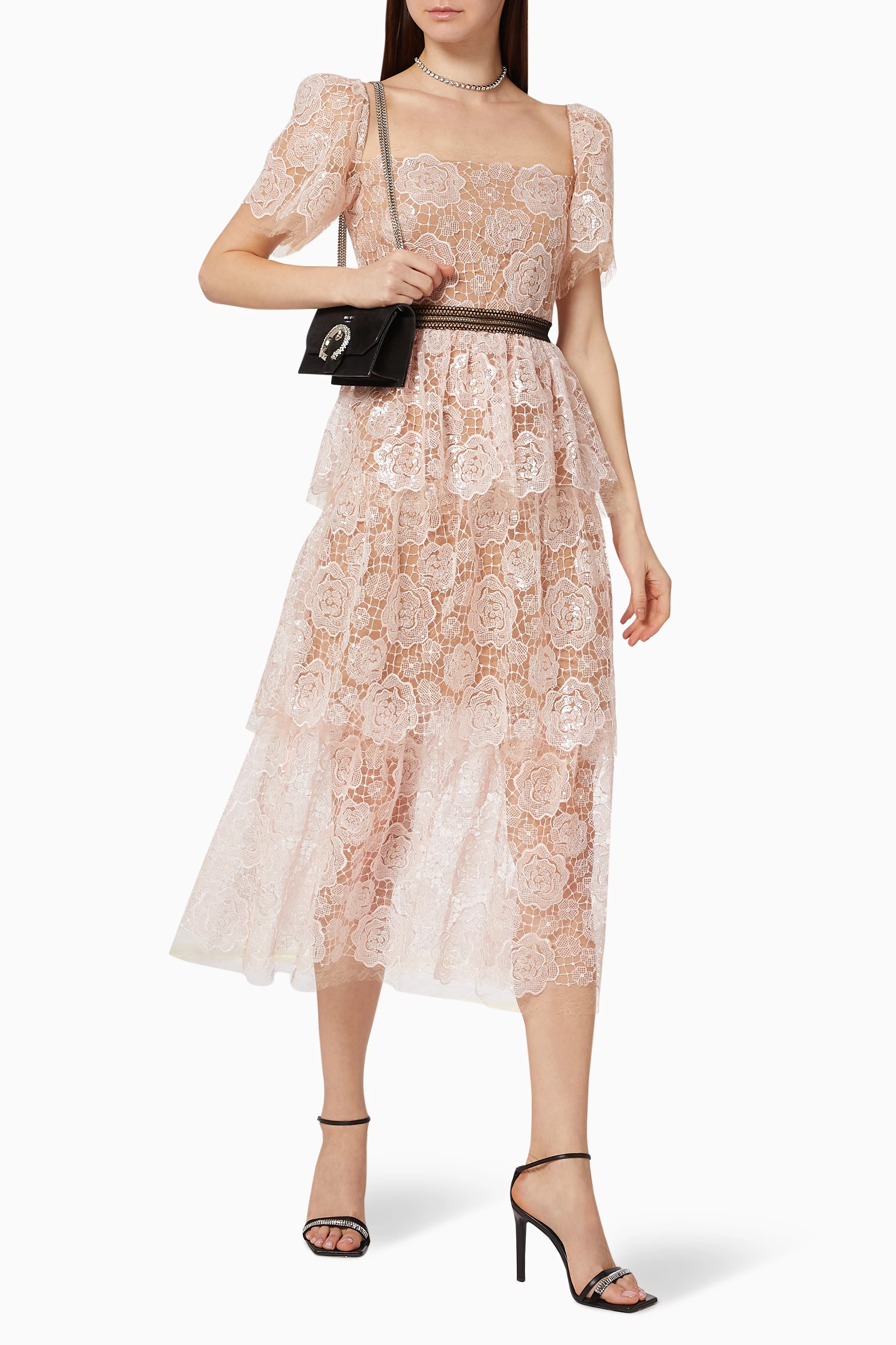 strapless open back dress Pink Metallic Tiered Midi Dress
