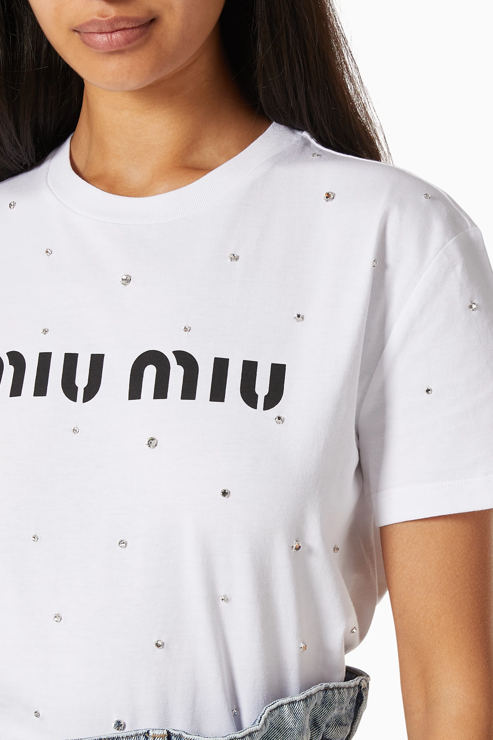 Buy Miu Miu White Logo Embellished Cotton T-Shirt For Women Online