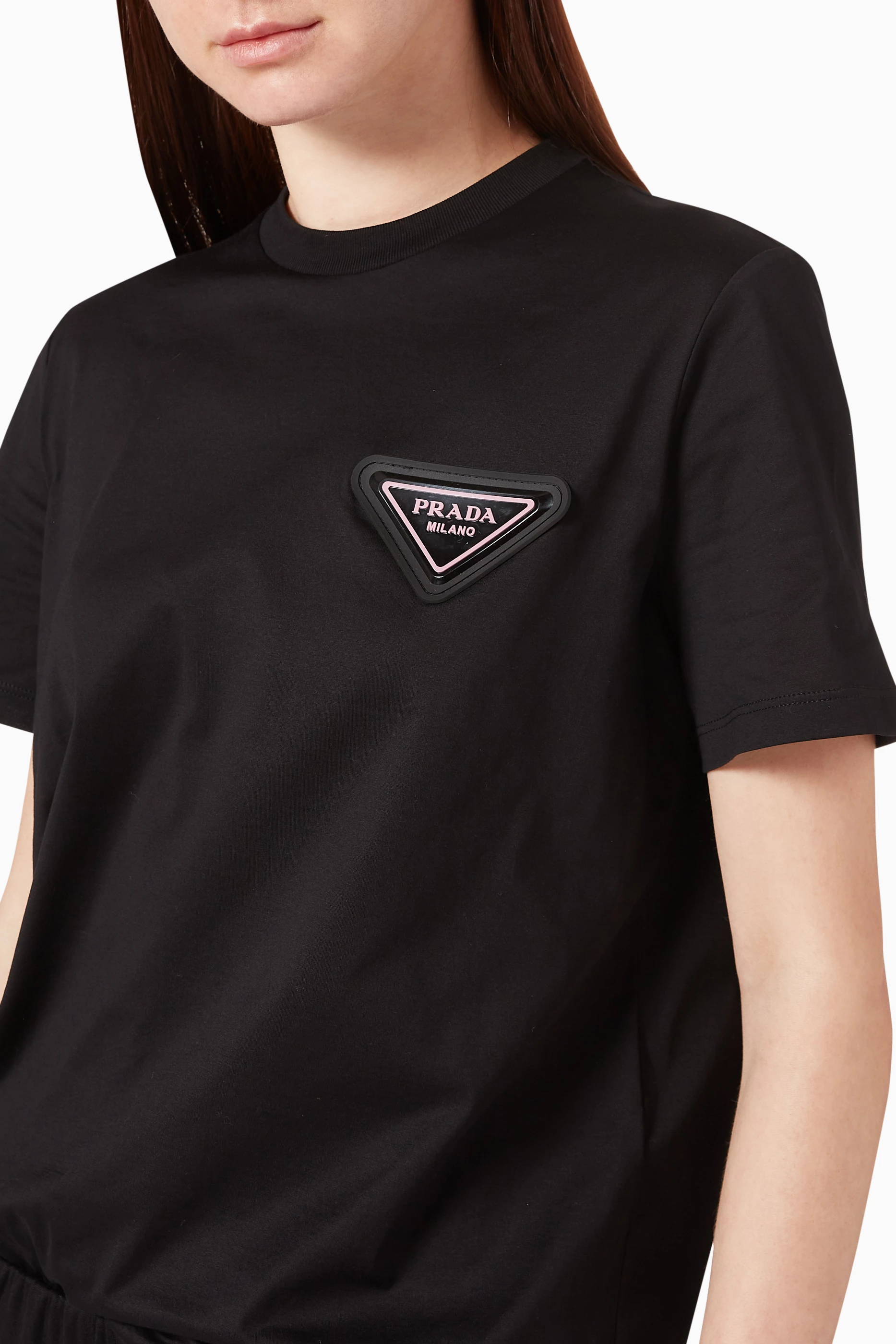 Buy Prada Black Triangle Logo Cotton T Shirt For Women Online Ounass Oman