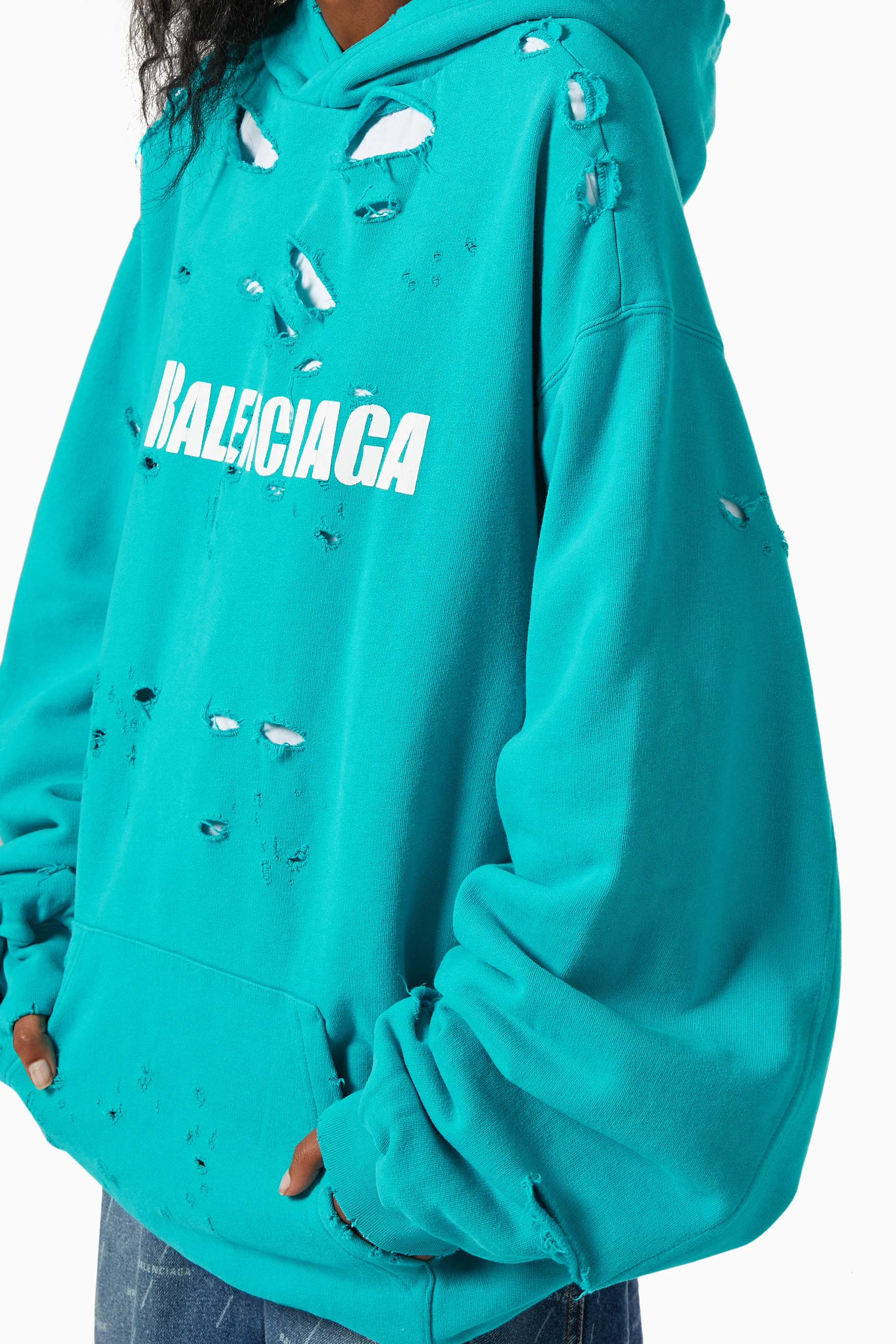 BALENCIAGA DESTROYED HOODIE TURQUOISE