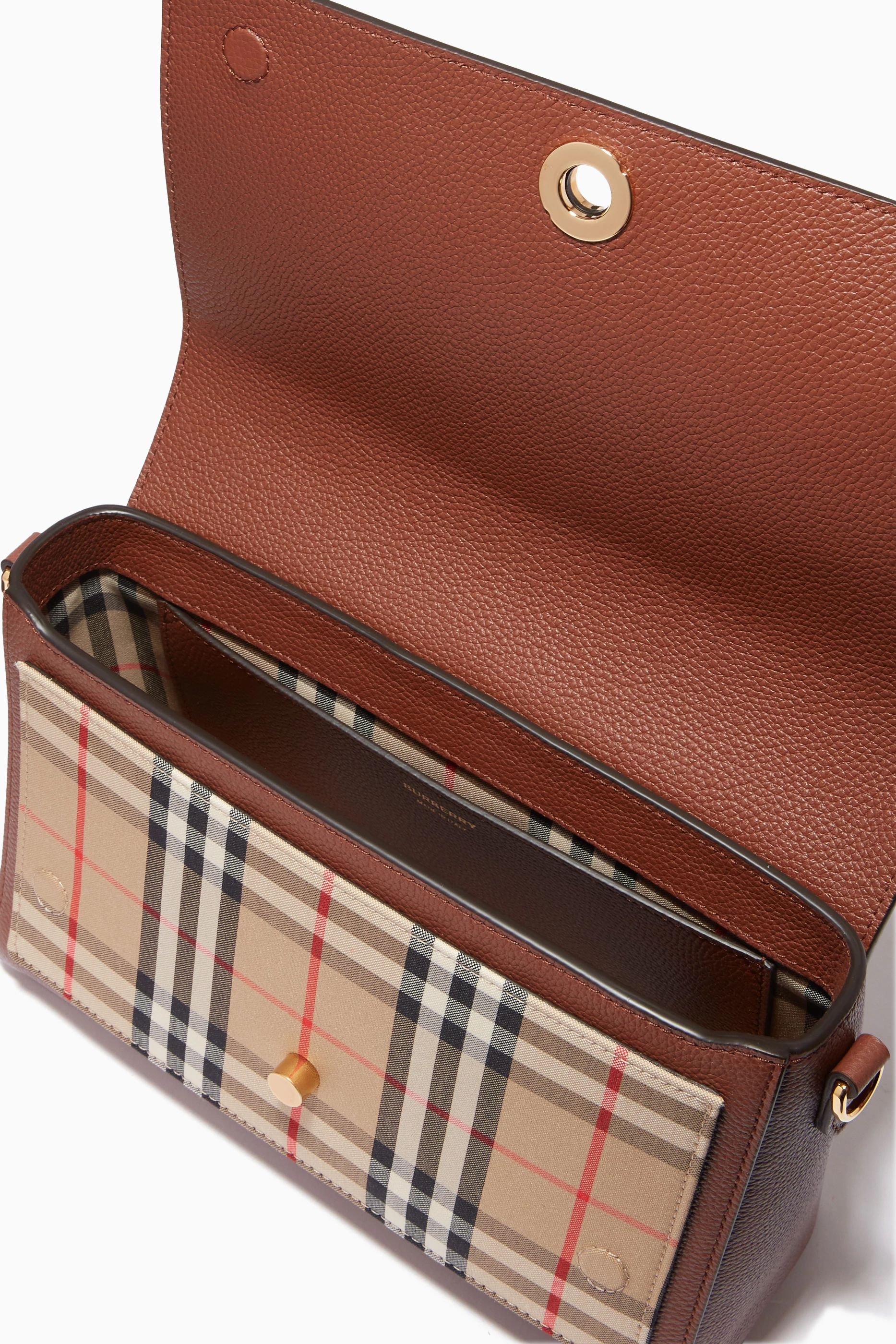 Buy Burberry Brown Note Crossbody Bag in Leather & Vintage Check