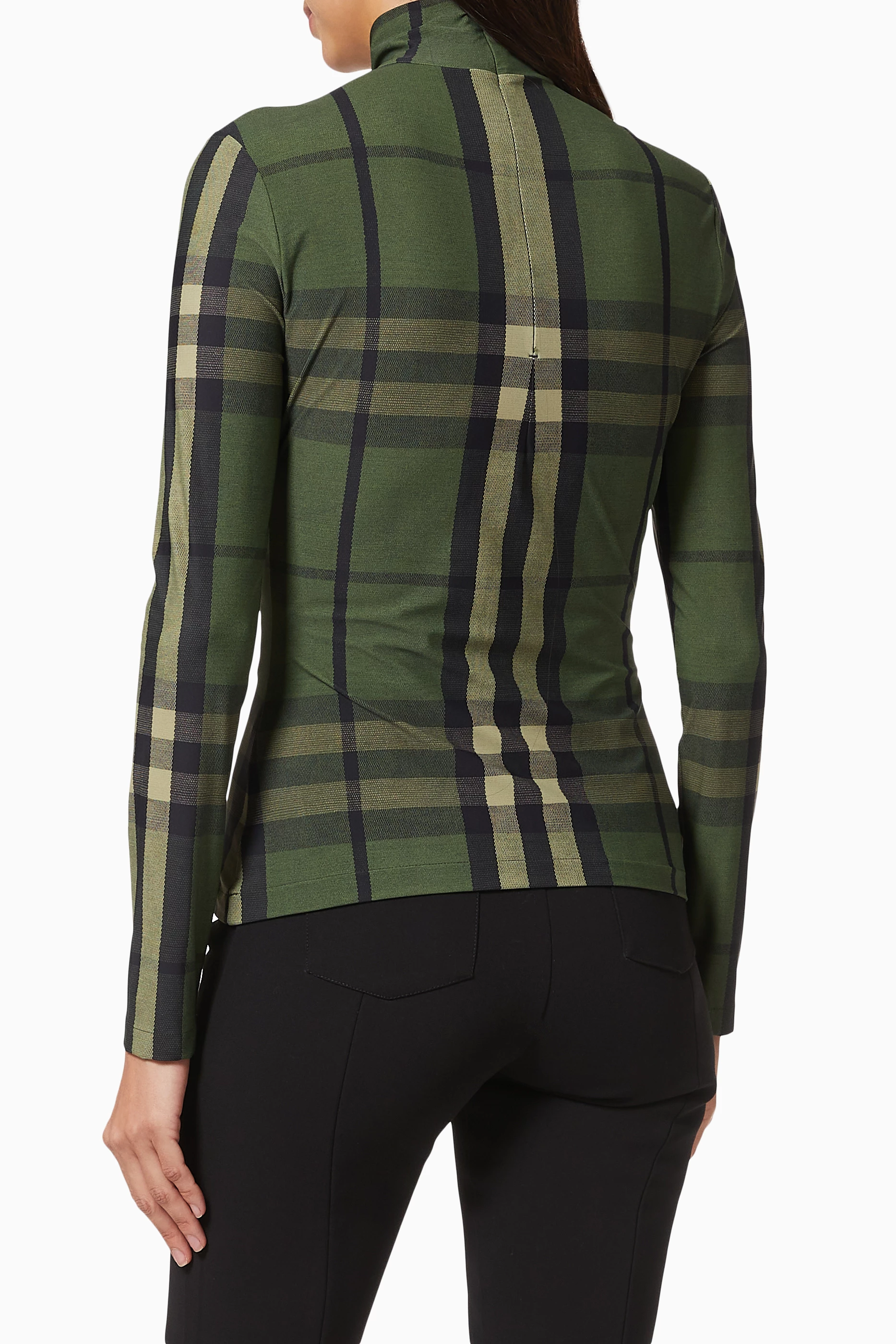 Buy Burberry Green Turtleneck Top in Check Stretch Jersey For