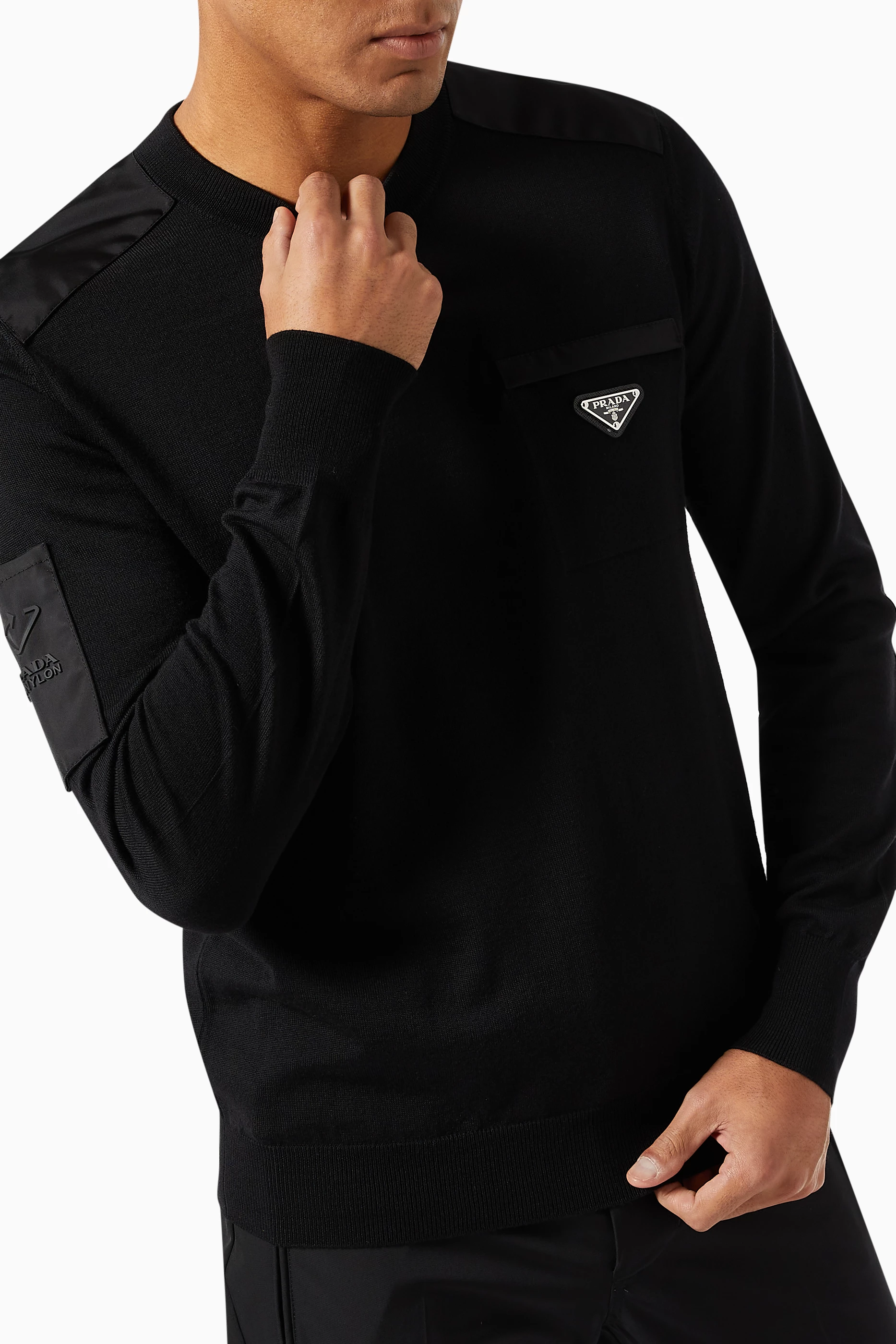 Buy Prada Black Triangle Logo Sweater in Wool Knit & Re-Nylon For