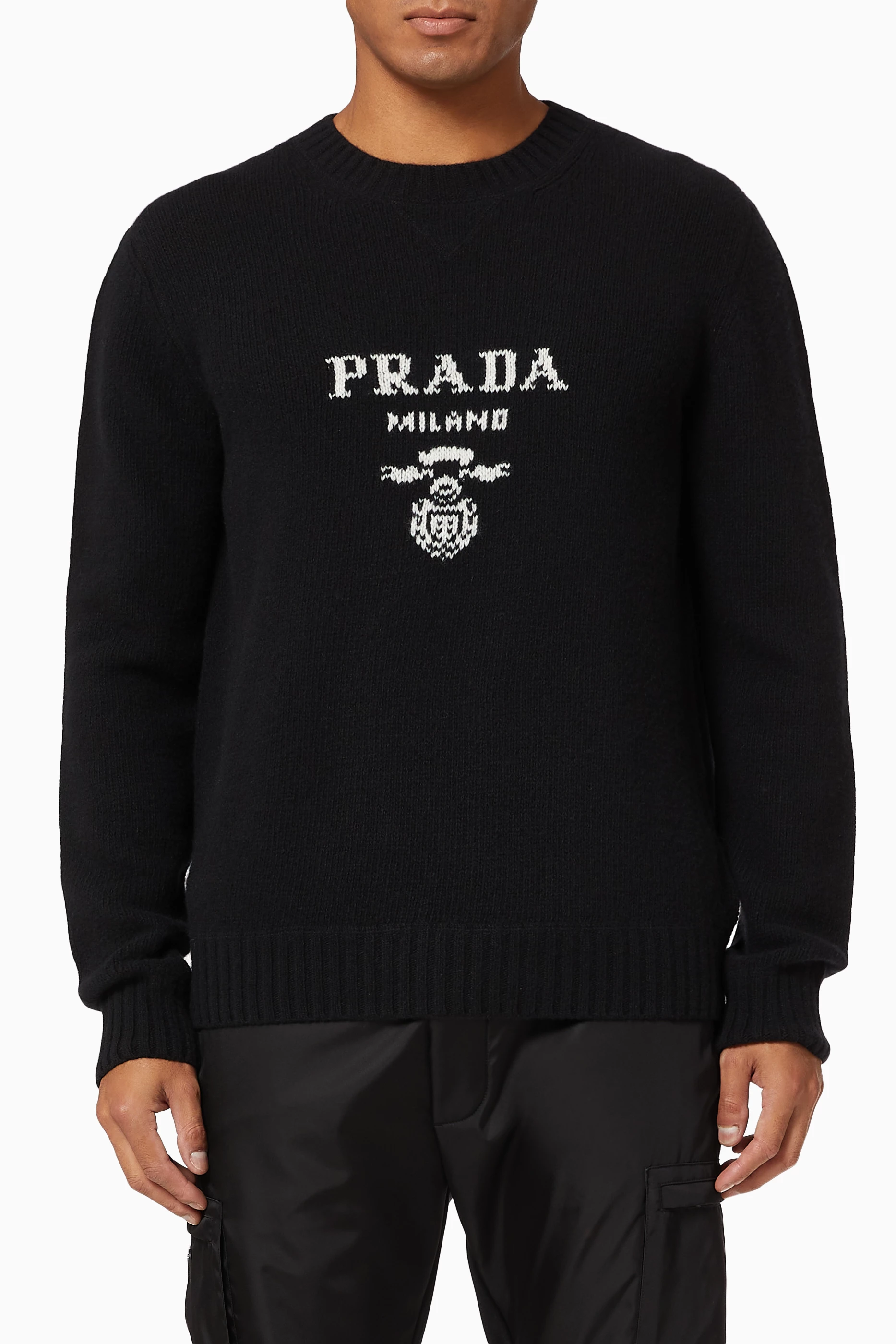 Buy Prada Black Logo Crewneck Sweater in Wool Cashmere Knit For Men Online Ounass Oman