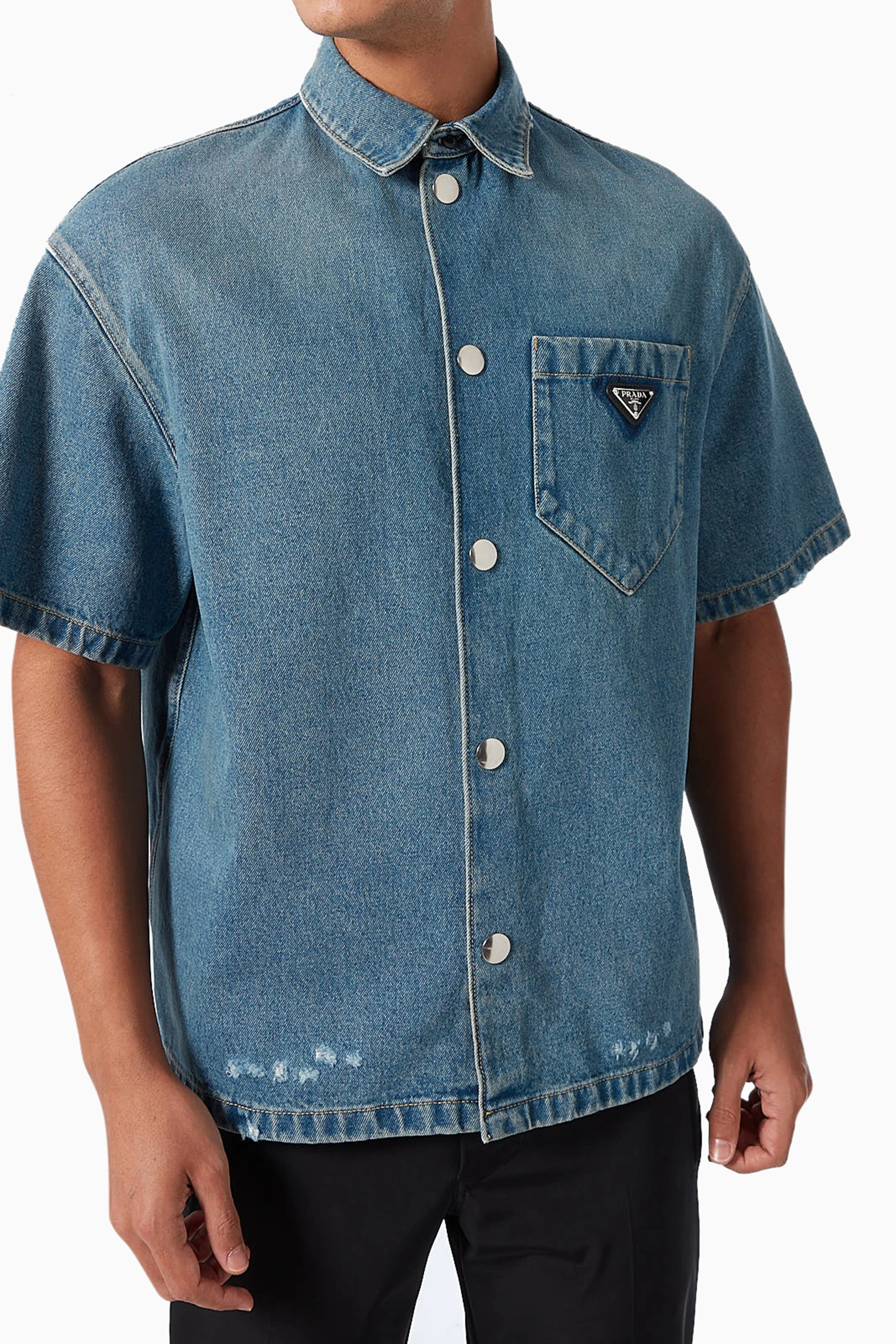 Buy Prada Blue Triangle Logo Shirt in Organic Denim For Men Online 