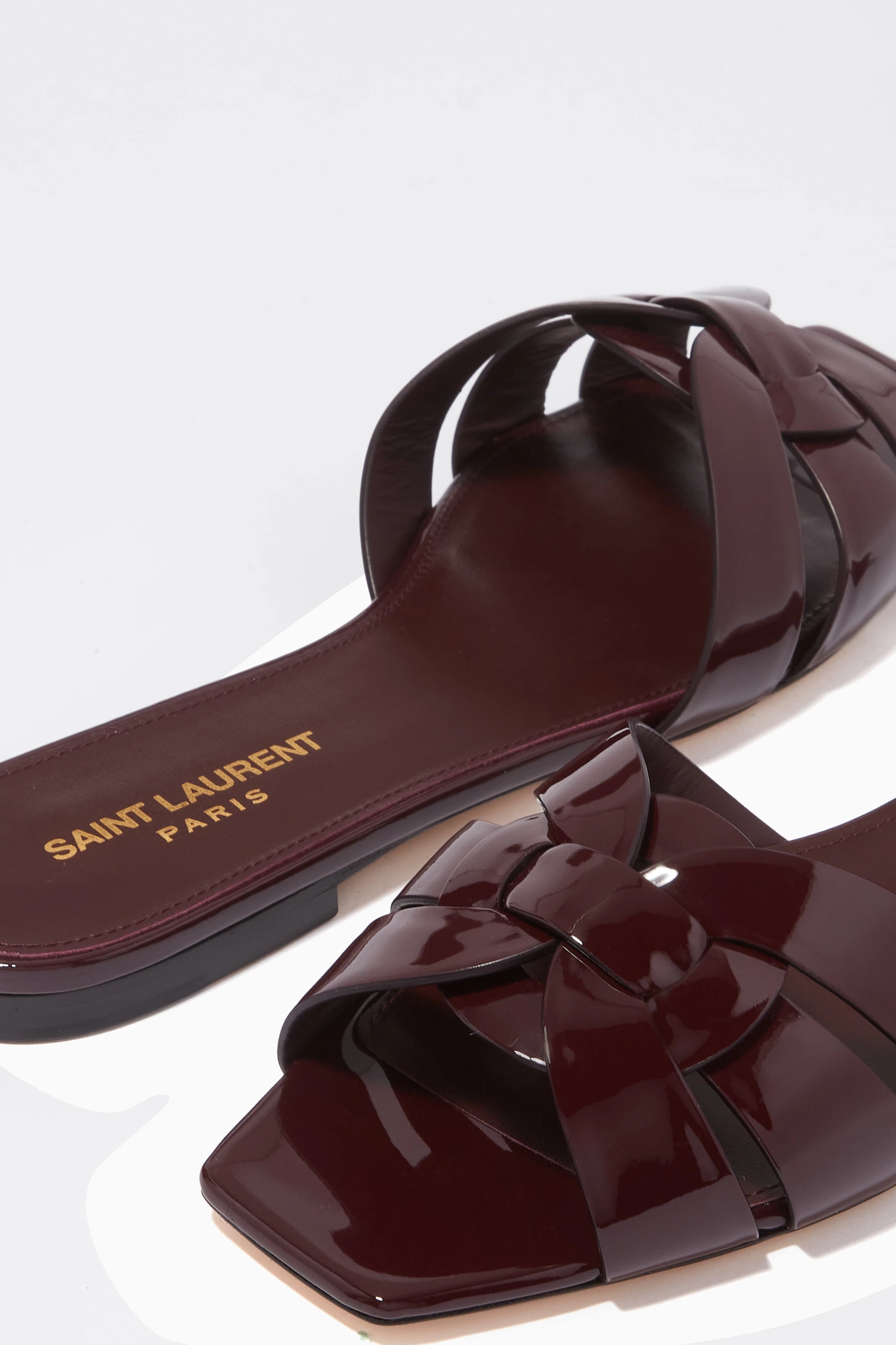 Buy SAINT LAURENT Burgundy Tribute Flat Sandals in Patent Leather For Women Online Ounass Oman