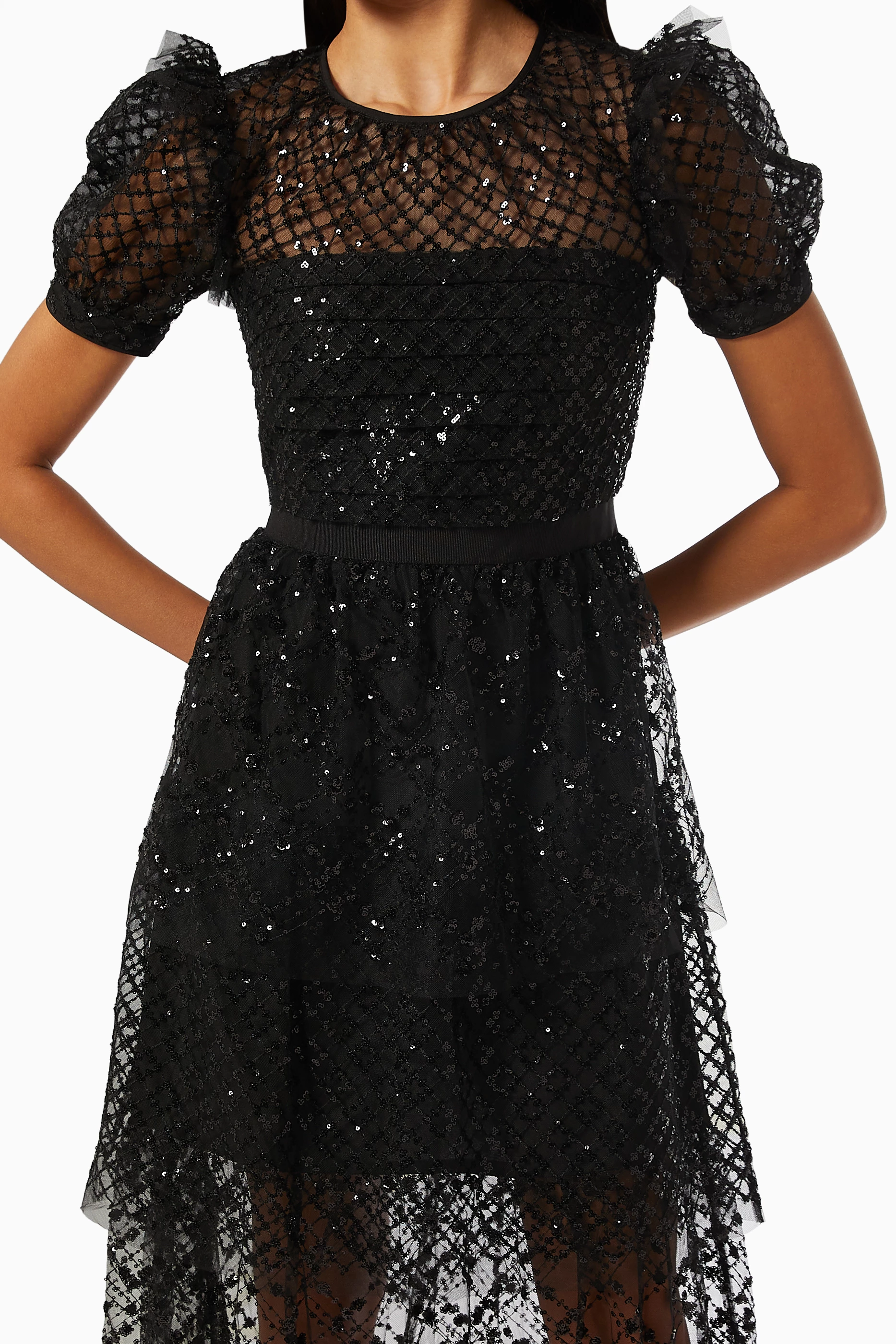 self portrait tiered sequin mini dress Pink Sequin Embellished Tiered Midi Dress  self-portrait-US