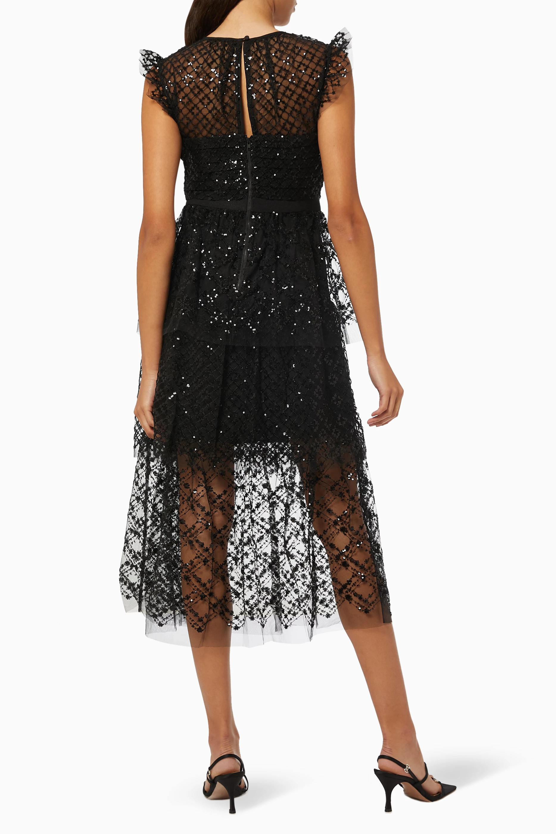 Buy Self-Portrait Black Grid Sequin Tiered Midi Dress in Mesh For Women  Online | Ounass Oman