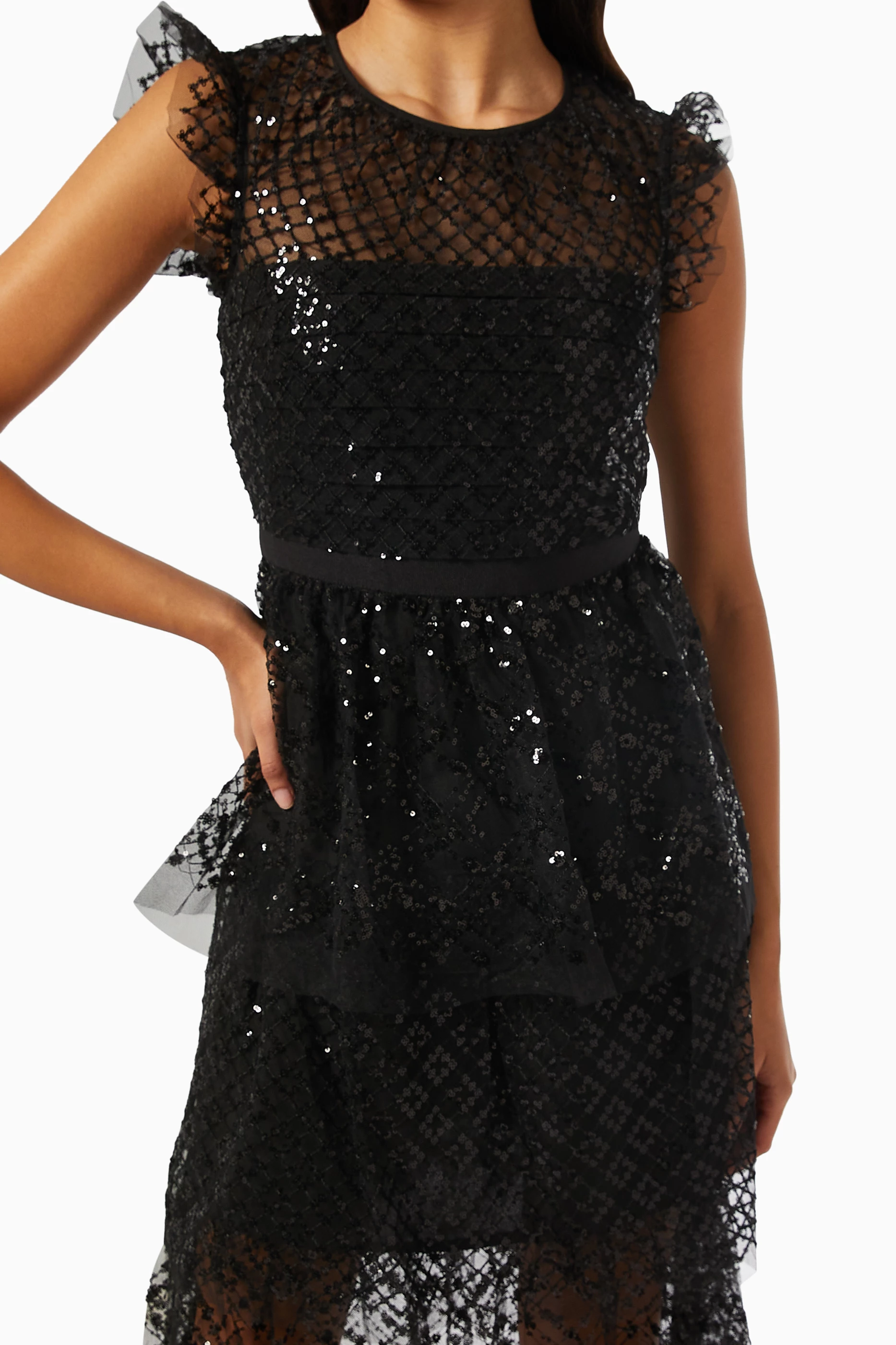 tan grid sequin tiered midi dress Self portrait Tan Grid Sequin Tiered Midi Dress