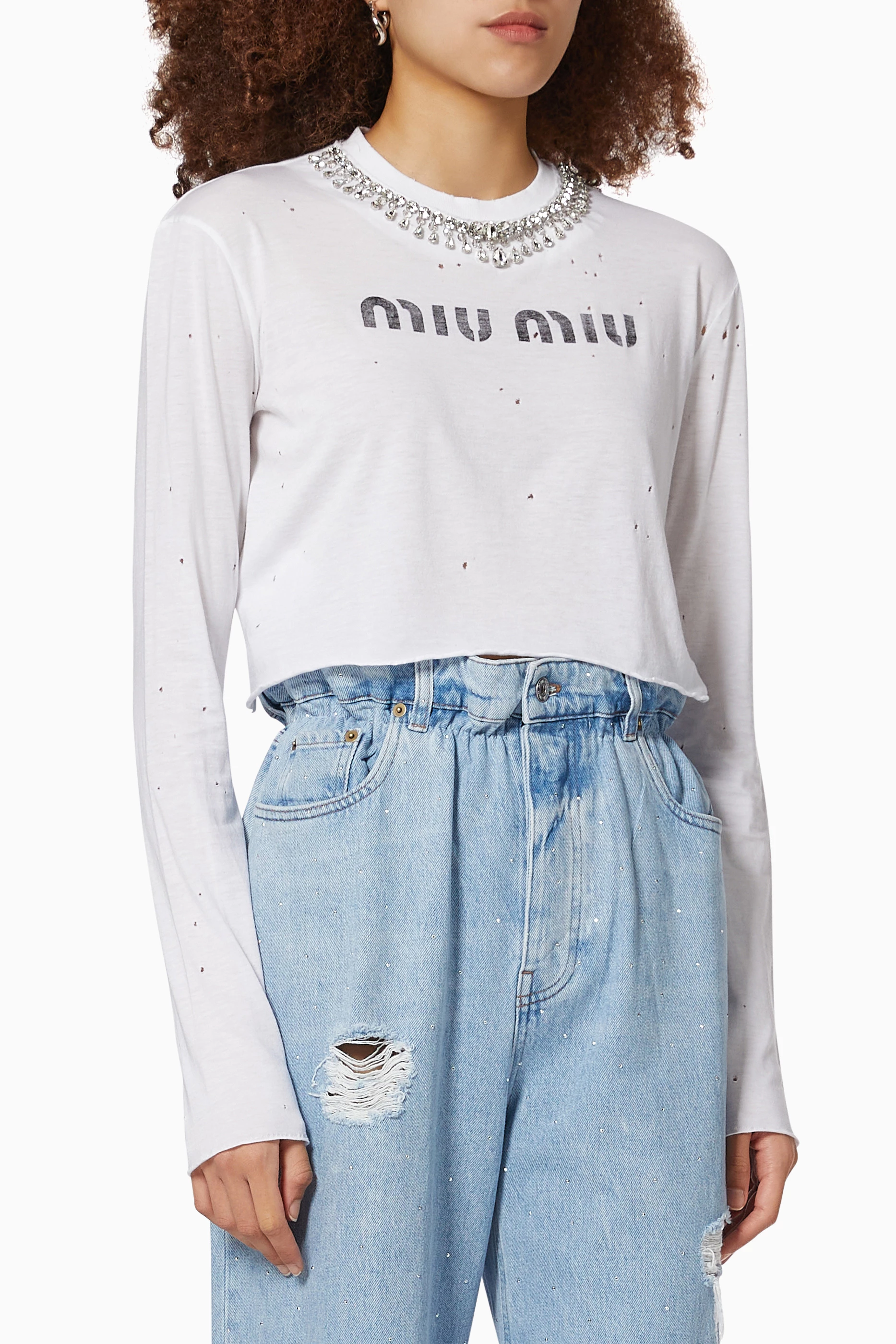 Buy Miu Miu White Crystal Embroidered Crop T-shirt in Cotton Modal