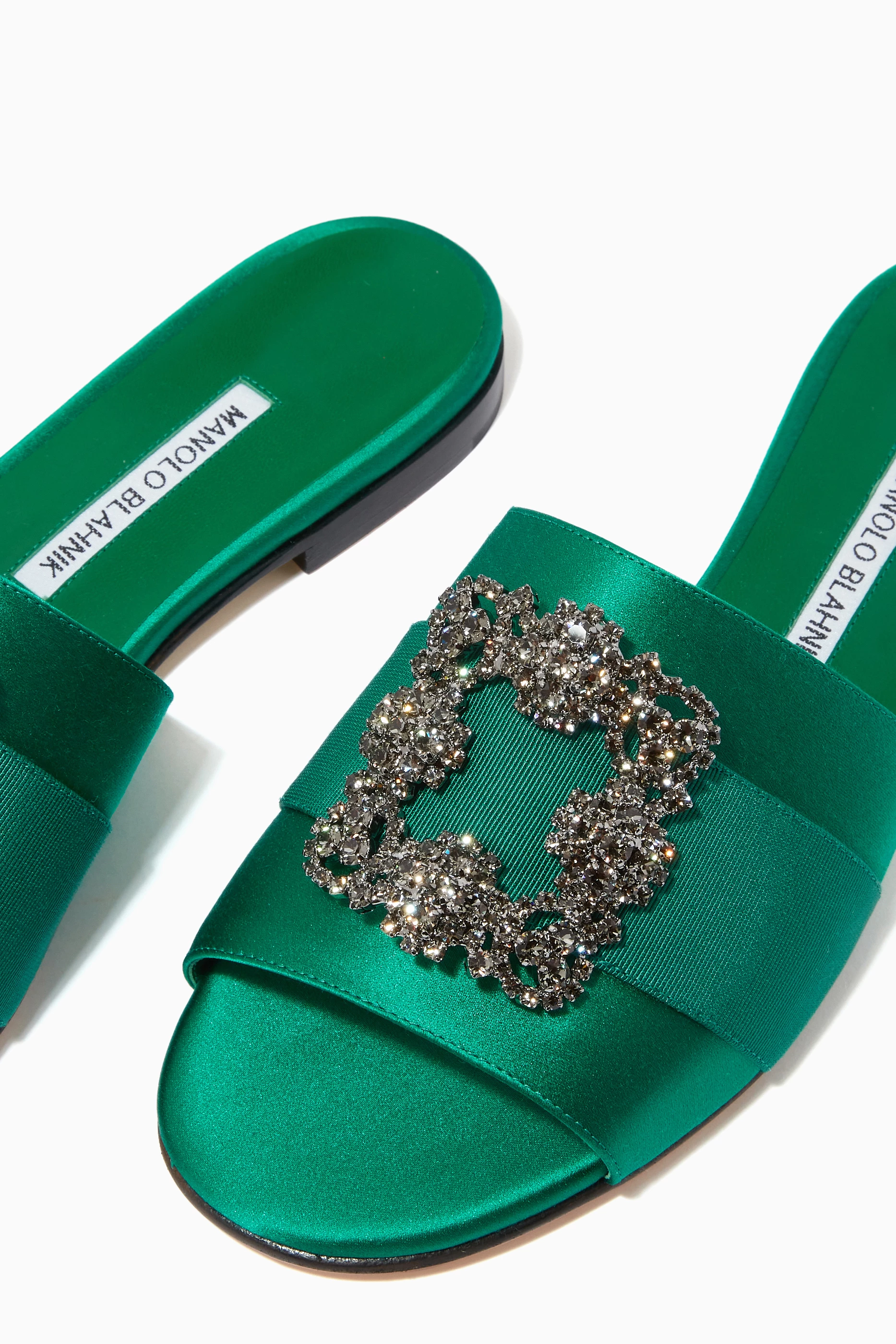 Buy Manolo Blahnik Green Martamod Slides in Satin For Women