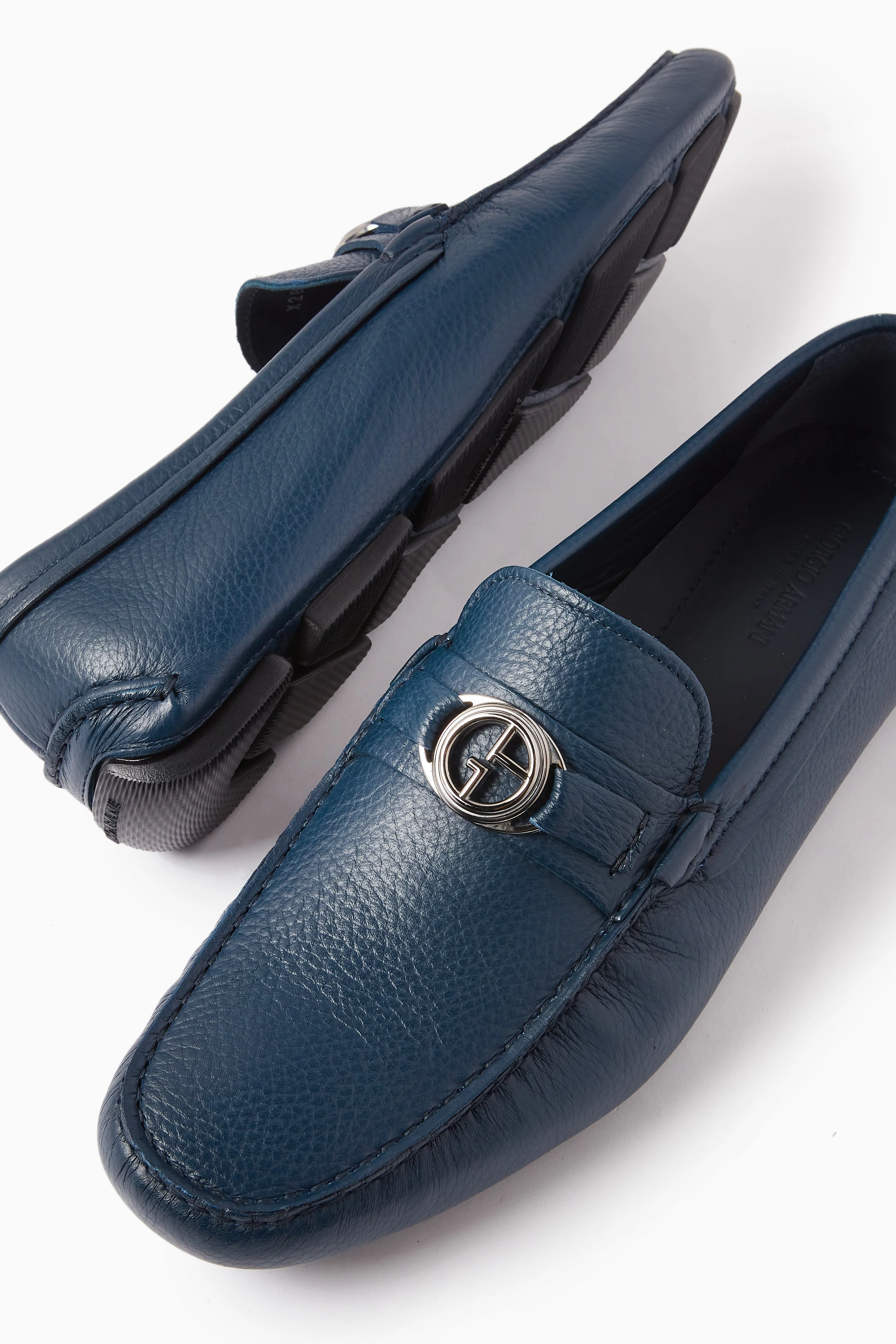 Buy Giorgio Armani Blue Logo Loafers in Deerskin Leather For 