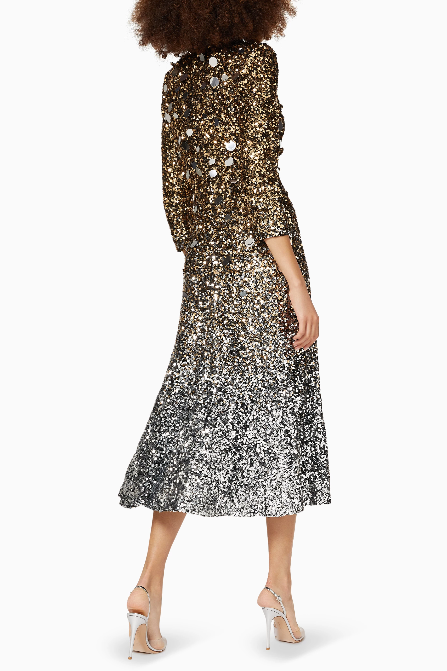 Buy Badgley Mischka Silver Sequin Embellished Midi Shirt Dress in Crepe For  Women Online | Ounass Oman