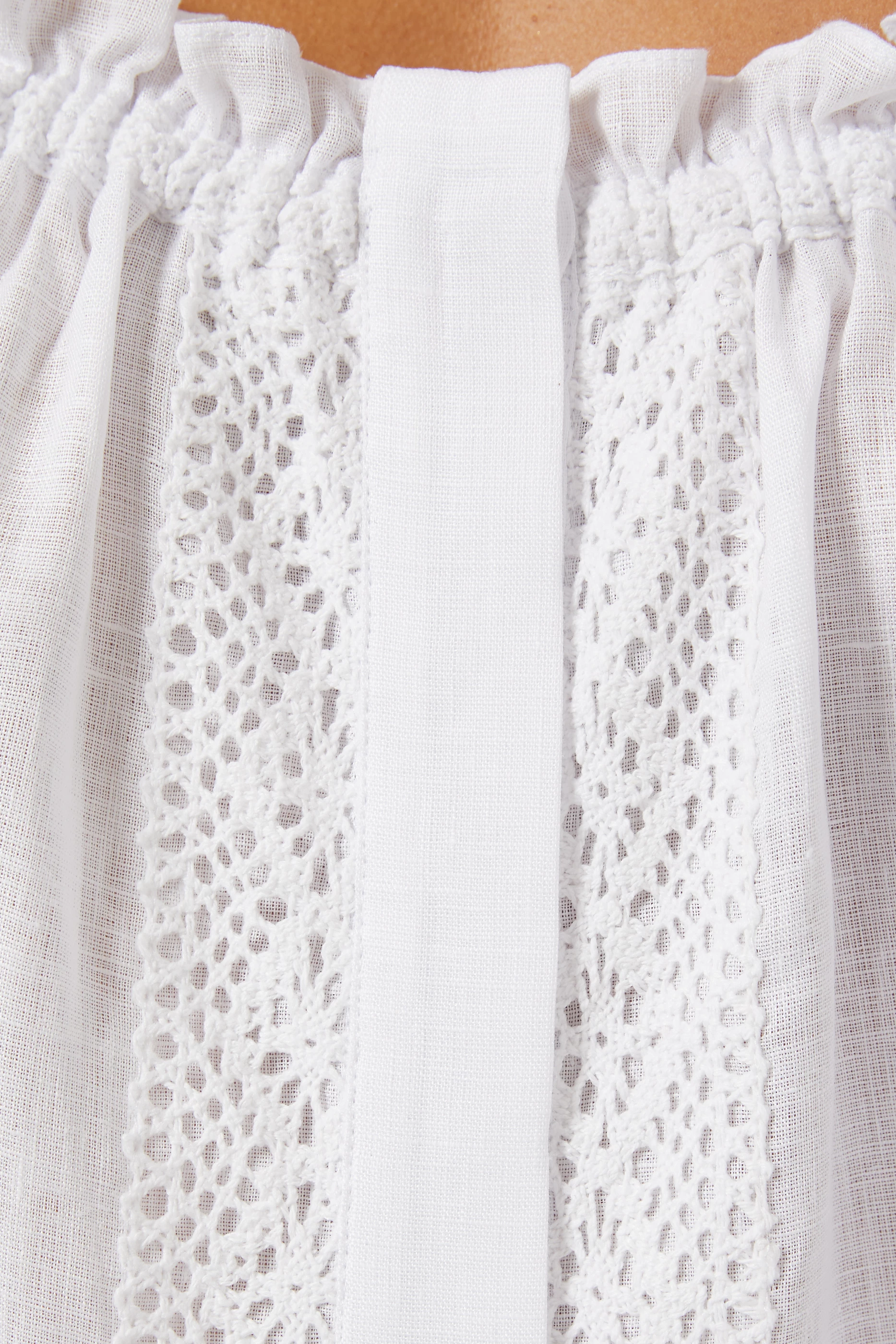 opera linen dress in white SLEEPER Opera Off-The-Shoulder Lace-Trimmed Linen Midi Dress